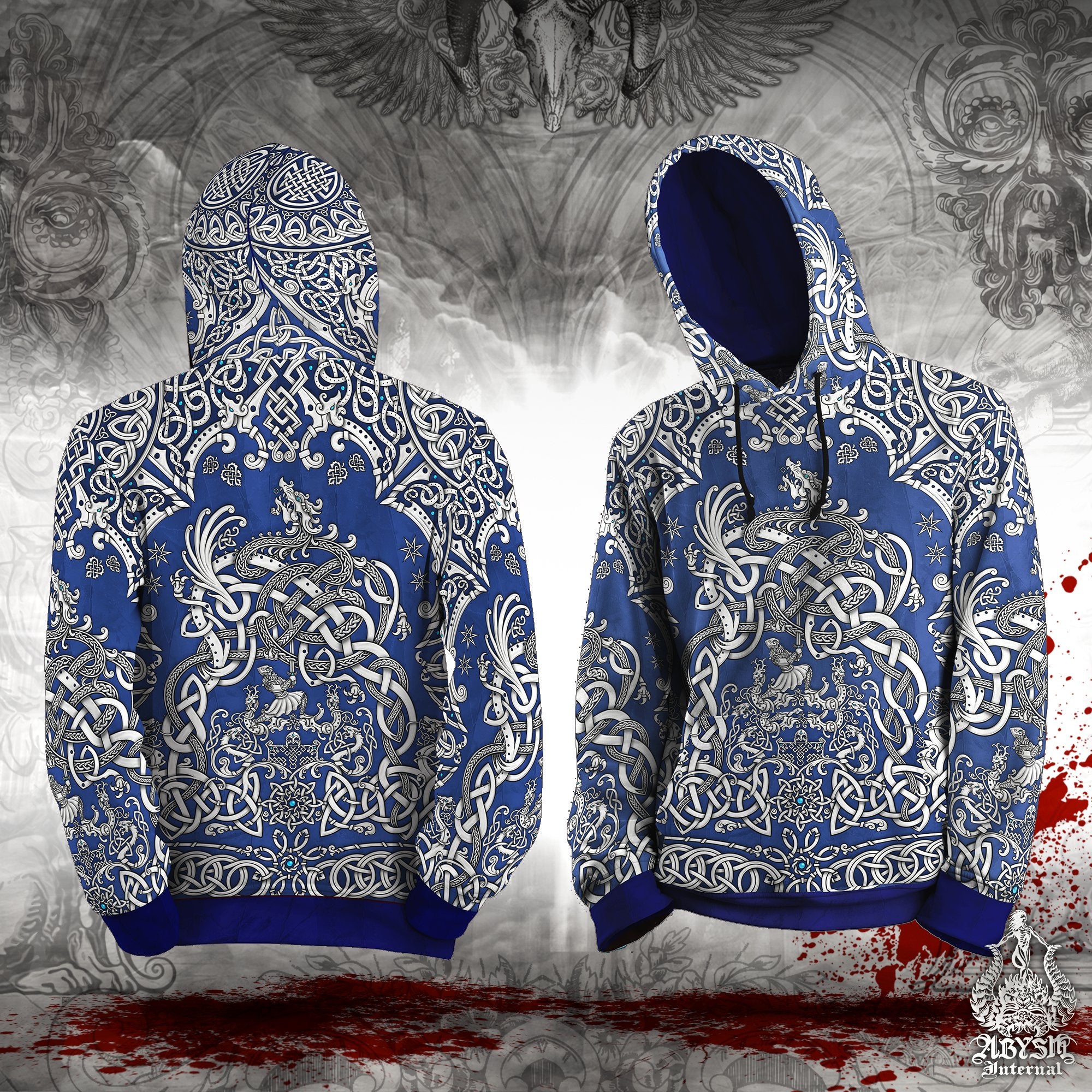 Viking Hoodie, Nordic Art Sweater, Fantasy Street Outfit, White Norse Dragon Streetwear, Alternative Clothing, Unisex - Fafnir, Blue, Red and Black, 3 Colors - Abysm Internal