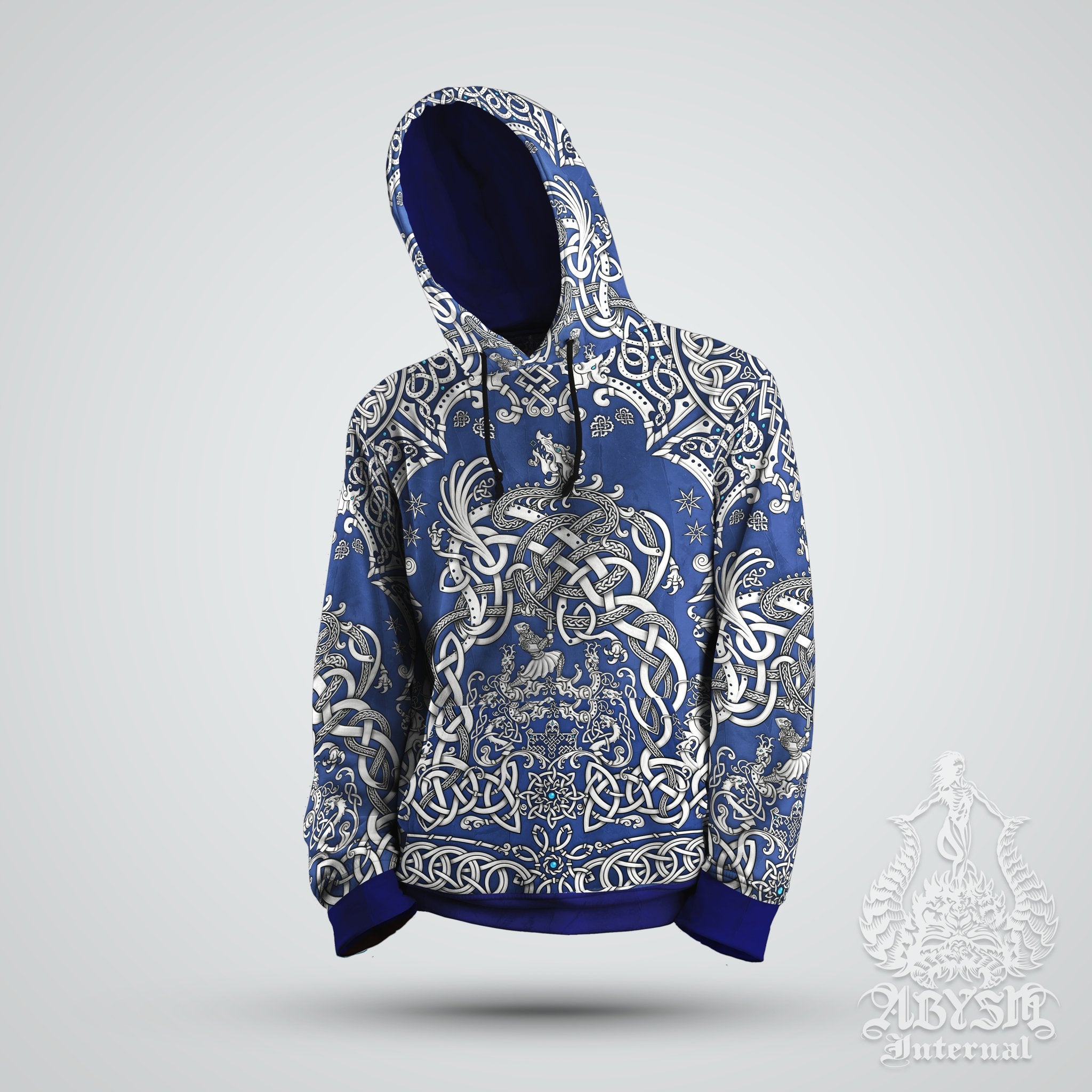 Viking Hoodie, Nordic Art Sweater, Fantasy Street Outfit, White Norse Dragon Streetwear, Alternative Clothing, Unisex - Fafnir, Blue, Red and Black, 3 Colors - Abysm Internal