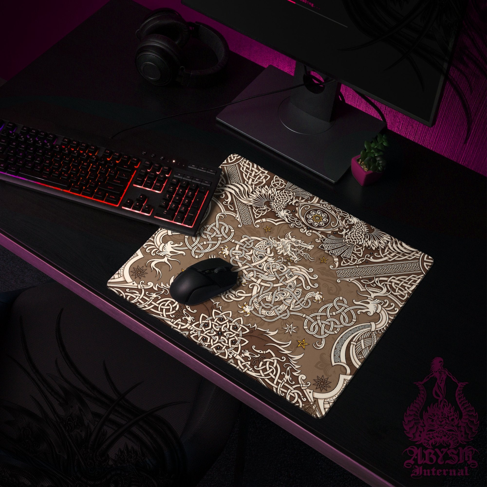 Viking Mouse Pad, Fenrir Gaming Desk Mat, Nordic Wolf Workpad, Norse Knotwork Table Protector Cover, Art Print - Cream - Abysm Internal