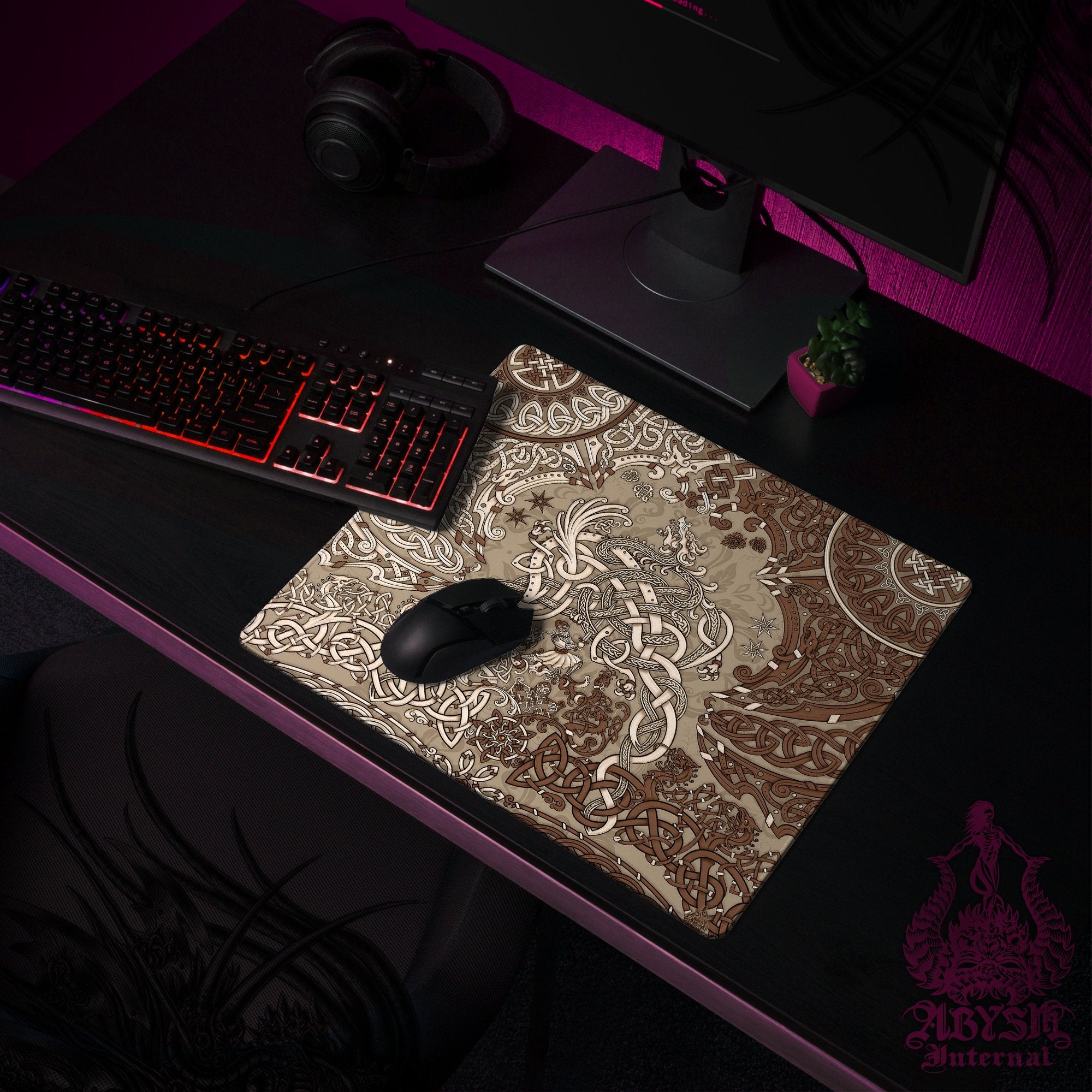 Viking Mouse Pad, Norse Dragon Gaming Desk Mat, Nordic Knotwork Workpad, Fafnir Table Protector Cover, Art Print - Cream - Abysm Internal