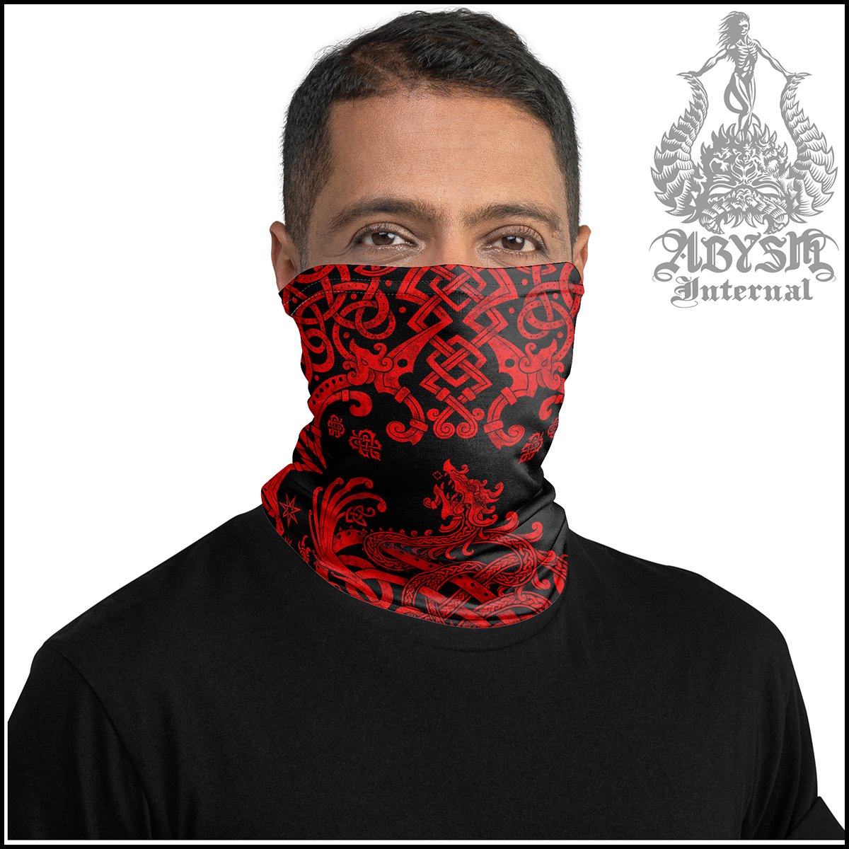 Viking Neck Gaiter, Face Mask, Printed Head Covering, Dragon Fafnir, Nordic Art - Black & Red - Abysm Internal