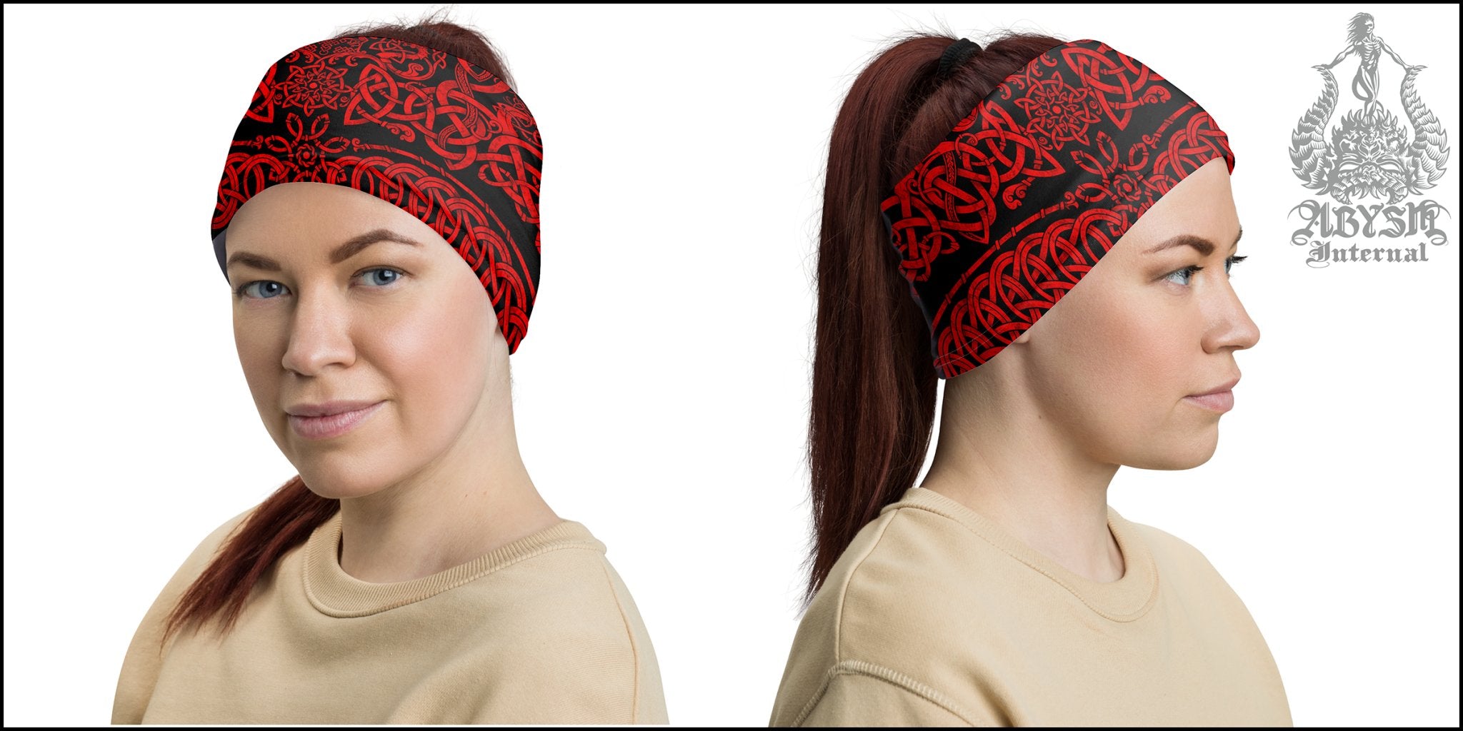 Viking Neck Gaiter, Face Mask, Printed Head Covering, Dragon Fafnir, Nordic Art - Black & Red - Abysm Internal