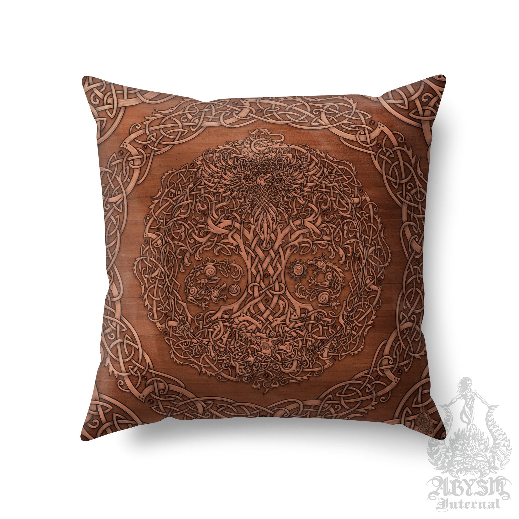 Viking Throw Pillow, Decorative Accent Pillow, Beige Square Cushion Cover, Yggdrasil, Norse Decor, Nordic Art, Alternative Home - Tree of Life, Wood - Abysm Internal
