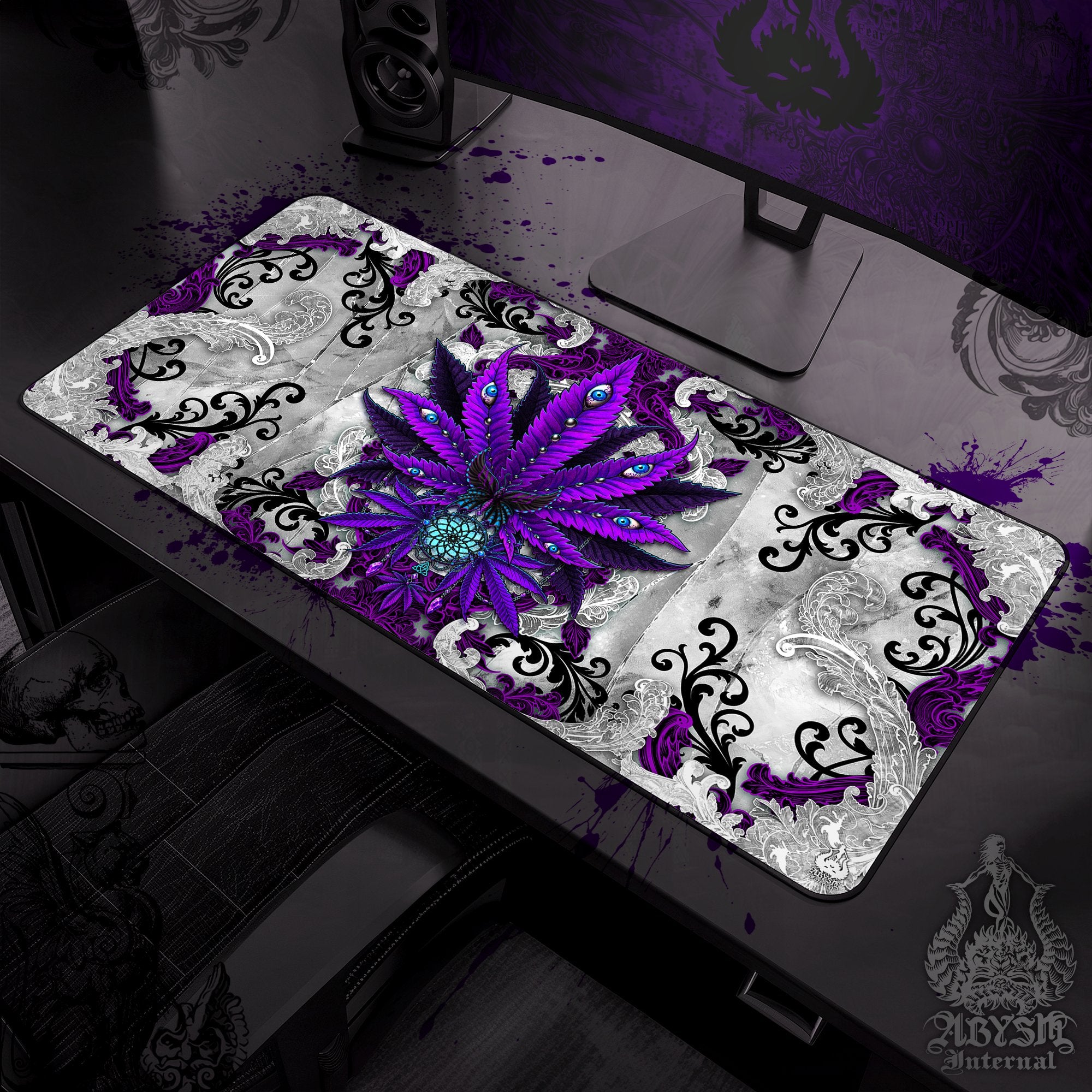 Weed Workpad, Cannabis Desk Mat, White Goth Gaming Mouse Pad, Purple Marijuana Table Protector Cover, 420 Art Print - Abysm Internal
