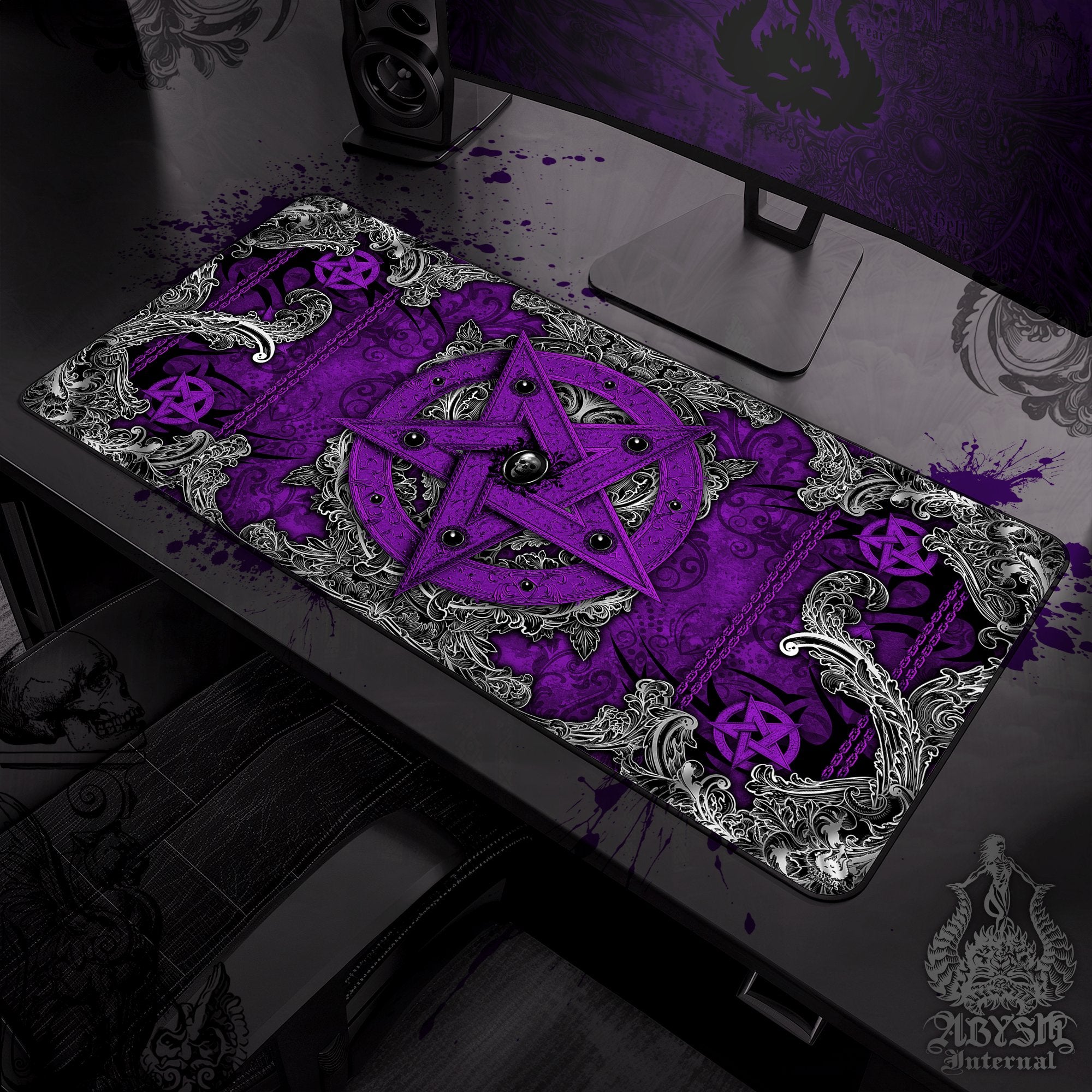 Whimsigoth Desk Mat, Witchy Gaming Mouse Pad, Pastel Goth Table Protector Cover, Purple Pentagram Workpad, Satanic Art Print - 4 Options - Abysm Internal