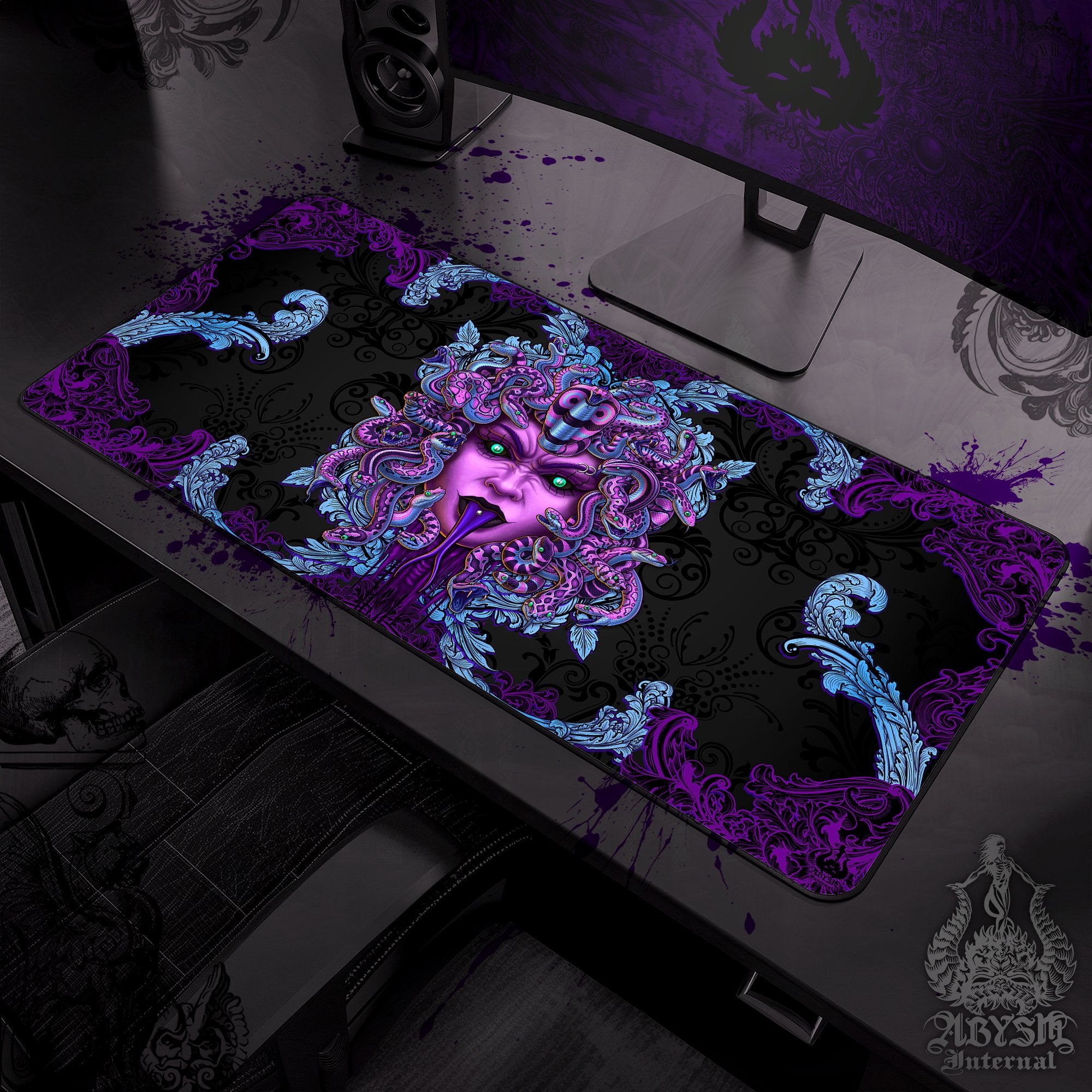 Whimsigoth Mouse Pad, Pastel Goth Gaming Desk Mat, Medusa Skull Workpad, Witchy Gamer Table Protector Cover, Dark Fantasy Art Print - 2 Options - Abysm Internal