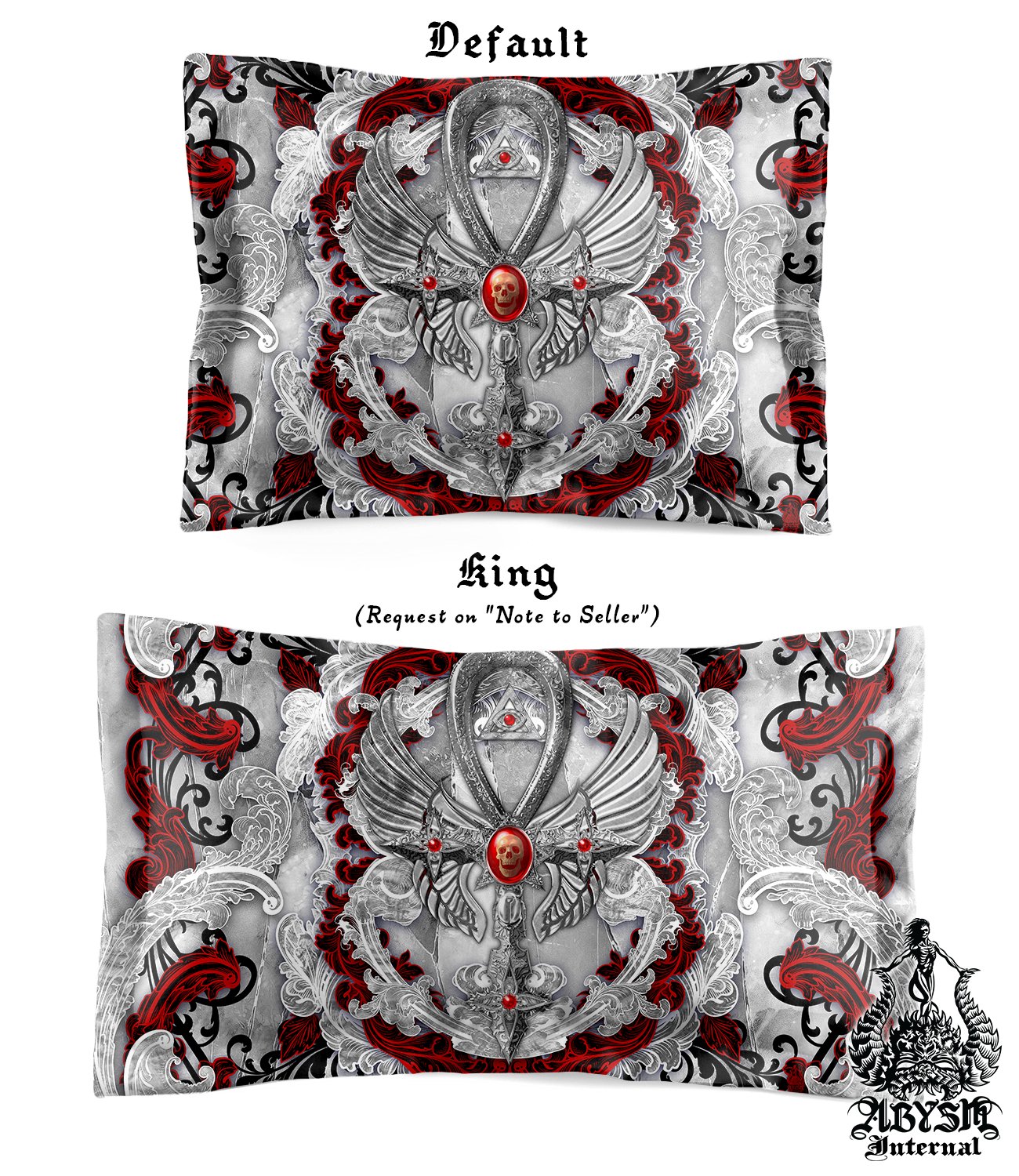 White Goth Bedding Set, Gothic Comforter or Duvet, Goth Bed Cover, Bedroom Decor, King, Queen & Twin Size - Bloody Ankh, Red, Purple, Black, 4 Colors - Abysm Internal