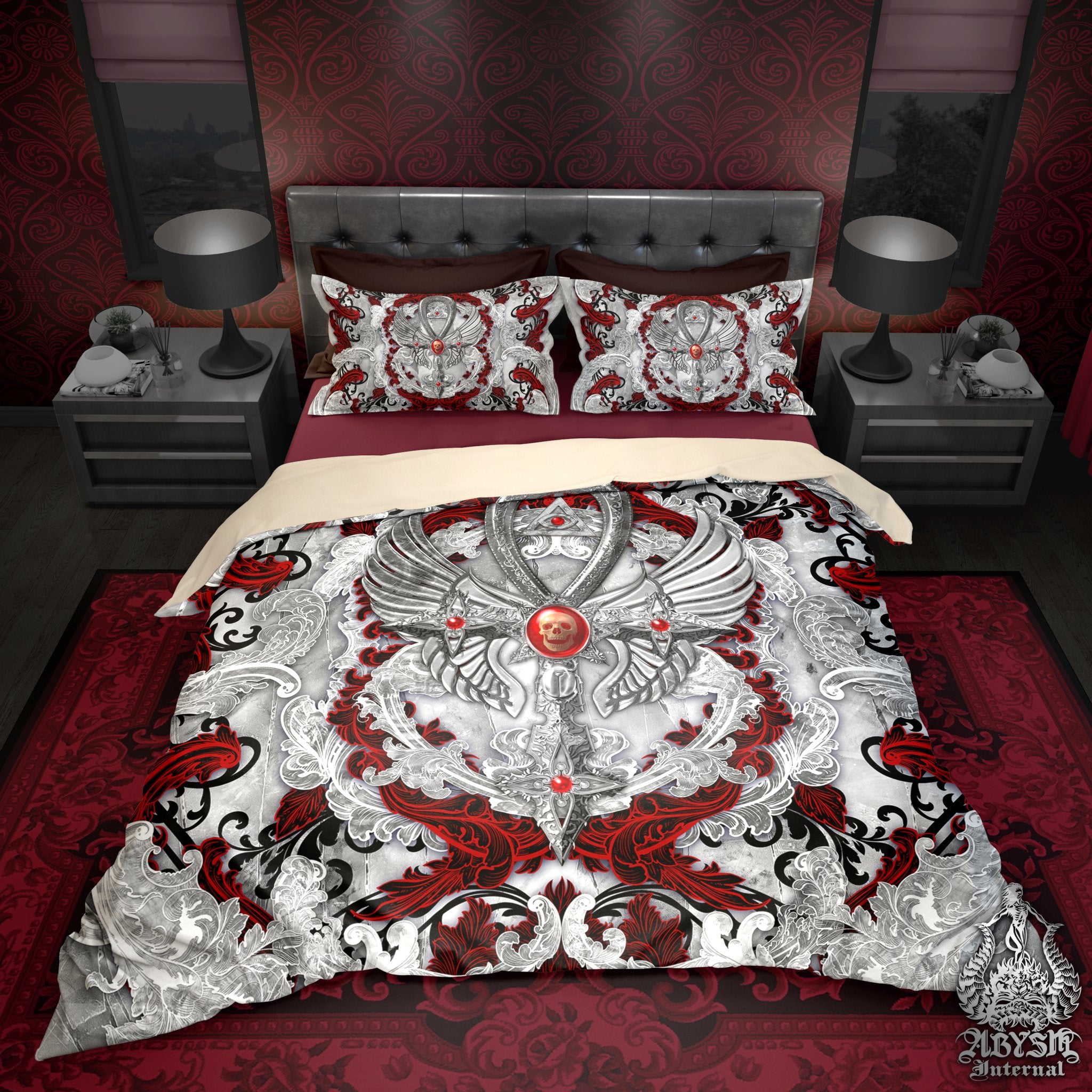 White Goth Bedding Set, Gothic Comforter or Duvet, Goth Bed Cover, Bedroom Decor, King, Queen & Twin Size - Bloody Ankh, Red, Purple, Black, 4 Colors - Abysm Internal