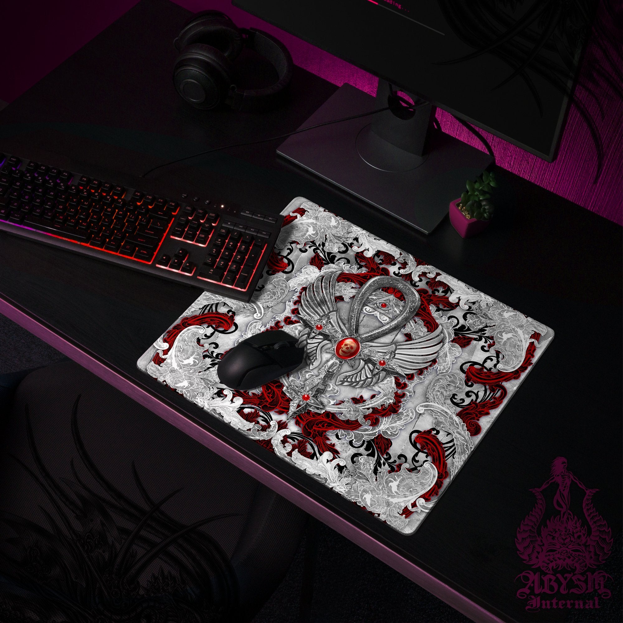 White Goth Desk Mat, Ankh Gaming Mouse Pad, Bloody Cross Table Protector Cover, Skull Workpad, Art Print - 3 Colors - Abysm Internal