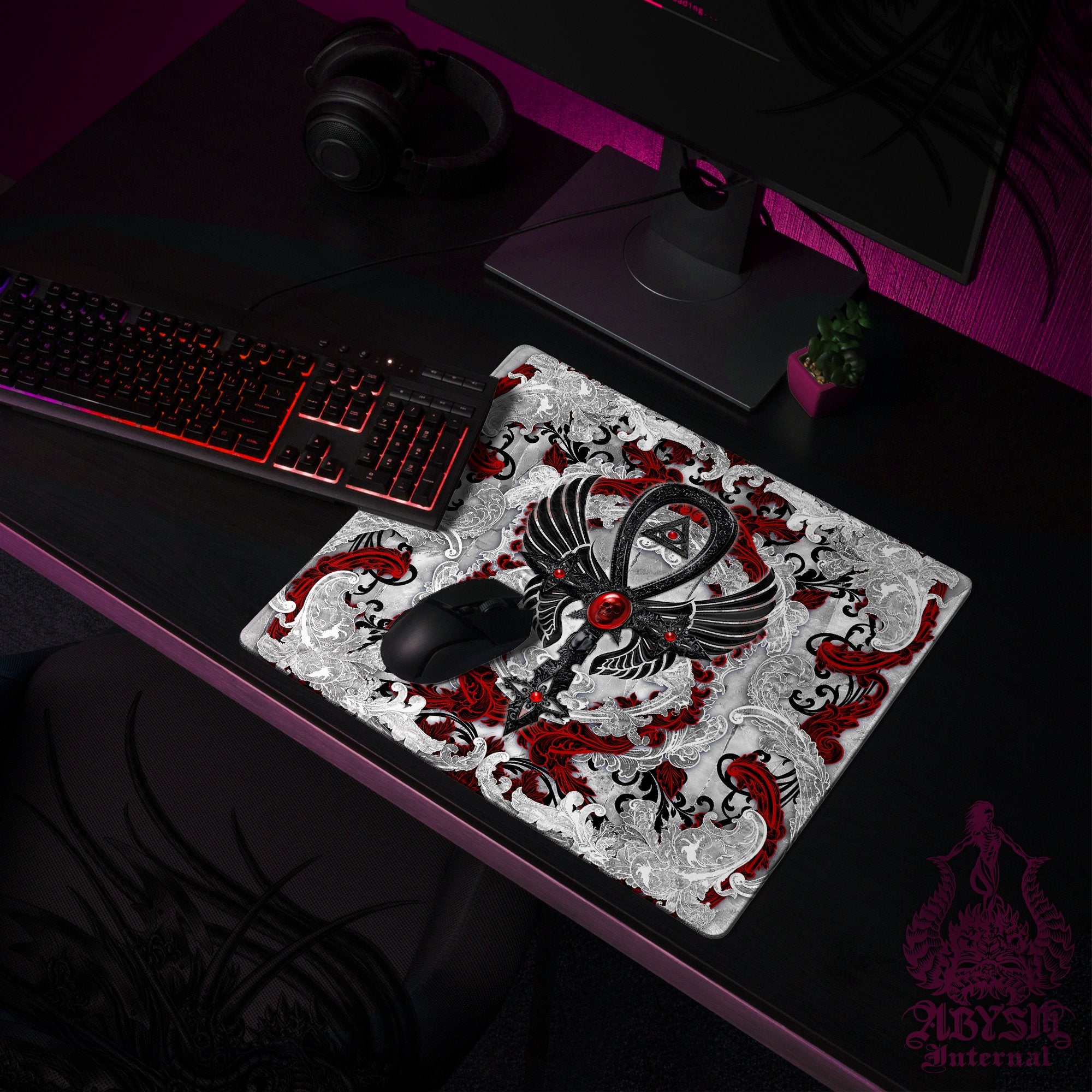 White Goth Desk Mat, Ankh Gaming Mouse Pad, Bloody Cross Table Protector Cover, Skull Workpad, Art Print - 3 Colors - Abysm Internal