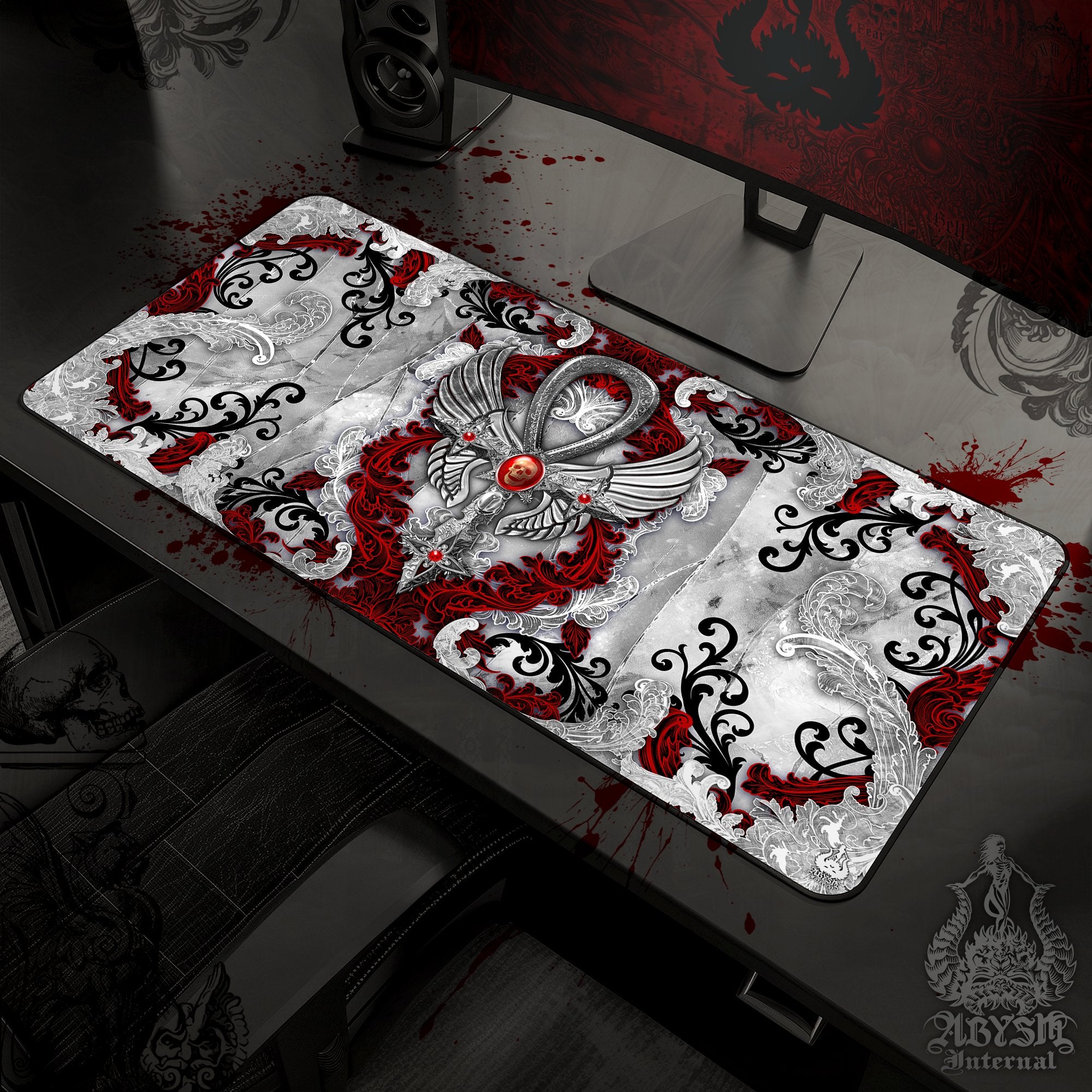 White Goth Desk Mat, Ankh Gaming Mouse Pad, Bloody Cross Table Protector Cover, Skull Workpad, Art Print - 3 Colors - Abysm Internal