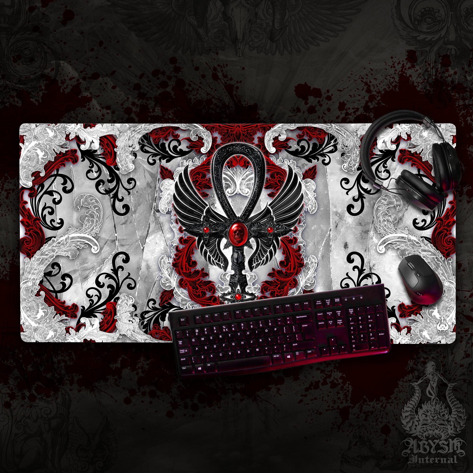 White Goth Desk Mat, Ankh Gaming Mouse Pad, Bloody Cross Table Protector Cover, Skull Workpad, Art Print - 3 Colors - Abysm Internal