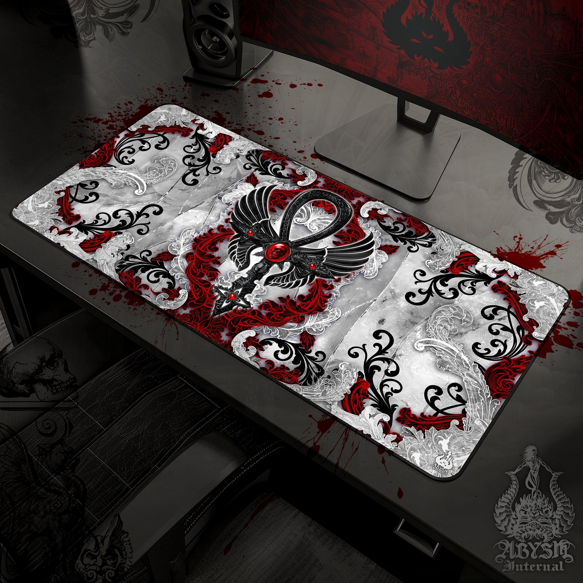 White Goth Desk Mat, Ankh Gaming Mouse Pad, Bloody Cross Table Protector Cover, Skull Workpad, Art Print - 3 Colors - Abysm Internal