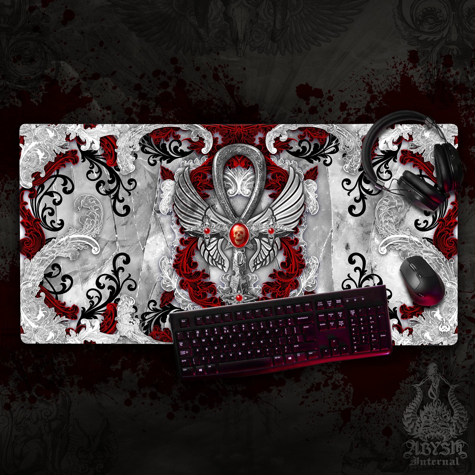 White Goth Desk Mat, Ankh Gaming Mouse Pad, Bloody Cross Table Protector Cover, Skull Workpad, Art Print - 3 Colors - Abysm Internal