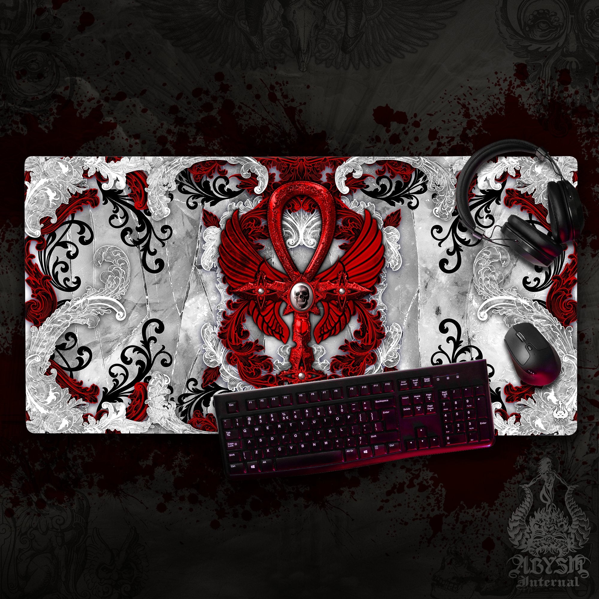 White Goth Desk Mat, Ankh Gaming Mouse Pad, Bloody Cross Table Protector Cover, Skull Workpad, Art Print - 3 Colors - Abysm Internal