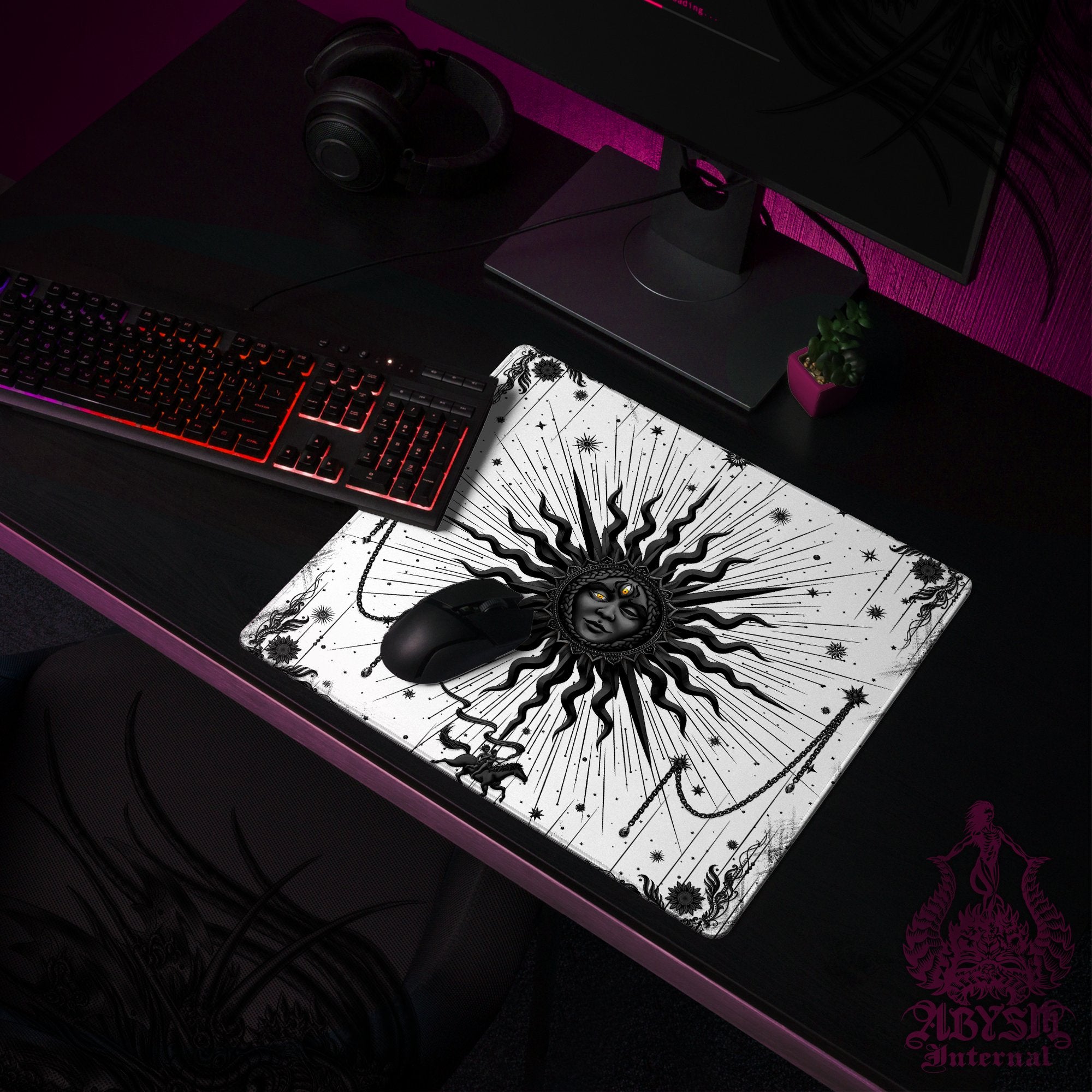 White Goth Gaming Desk Mat, Black Sun Mouse Pad, Tarot Arcana Table Protector Cover, Witchy Workpad, Esoteric Art Print - Abysm Internal