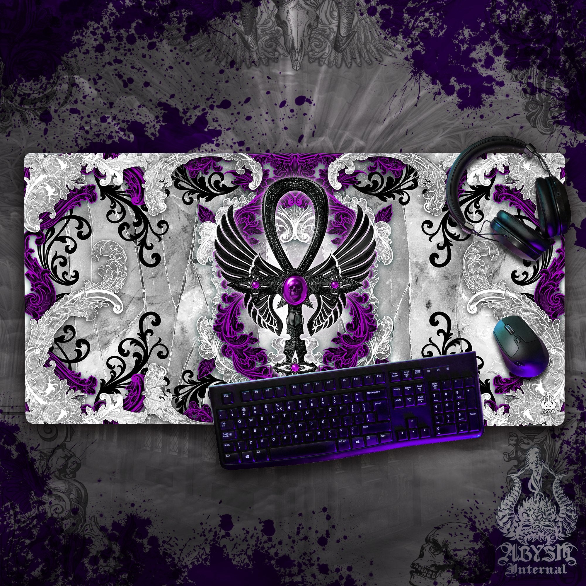 White Goth Gaming Mouse Pad, Ankh Desk Mat, Purple Cross Table Protector Cover, Skull Workpad, Art Print - 3 Colors, Stone Gold - Abysm Internal