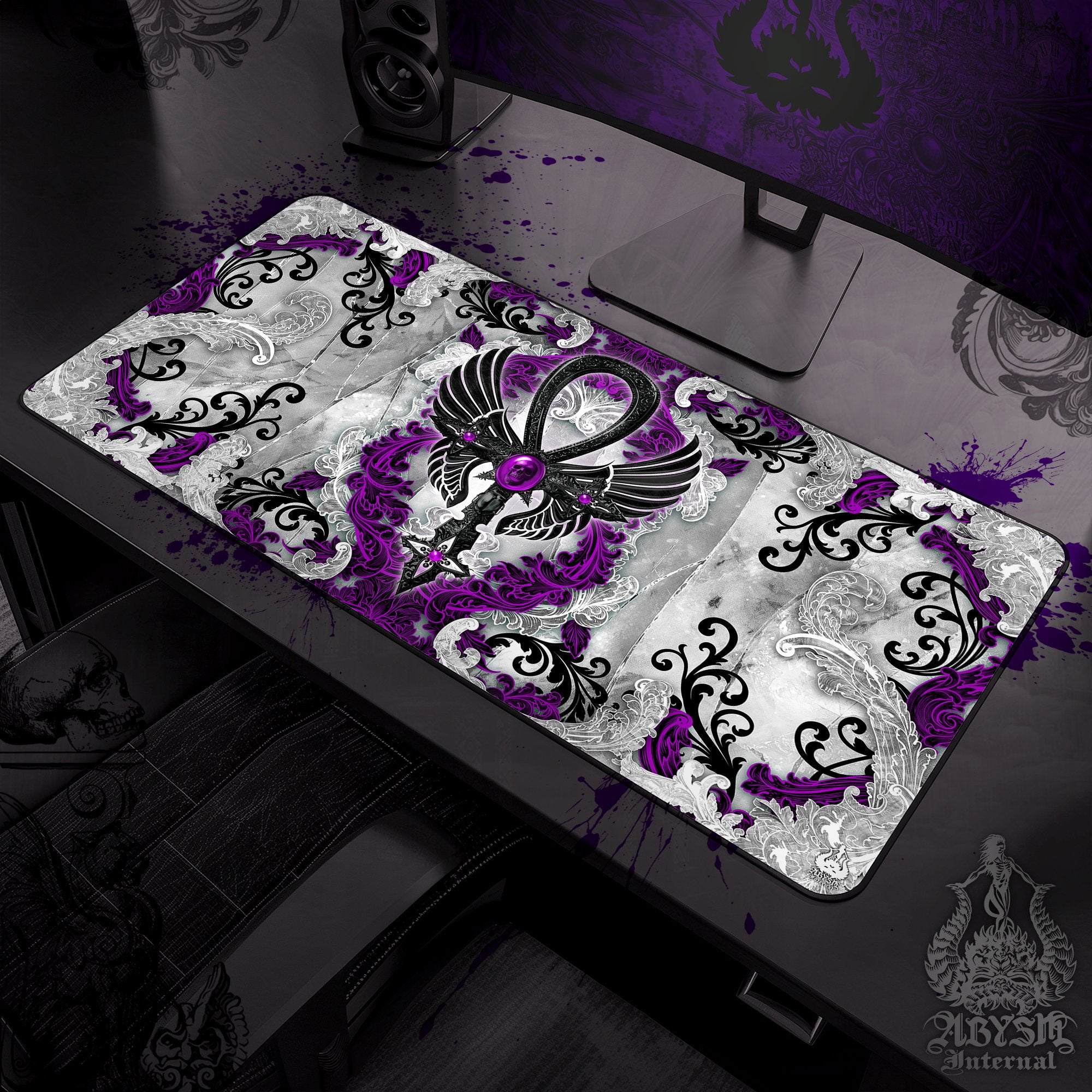 White Goth Gaming Mouse Pad, Ankh Desk Mat, Purple Cross Table Protector Cover, Skull Workpad, Art Print - 3 Colors, Stone Gold - Abysm Internal