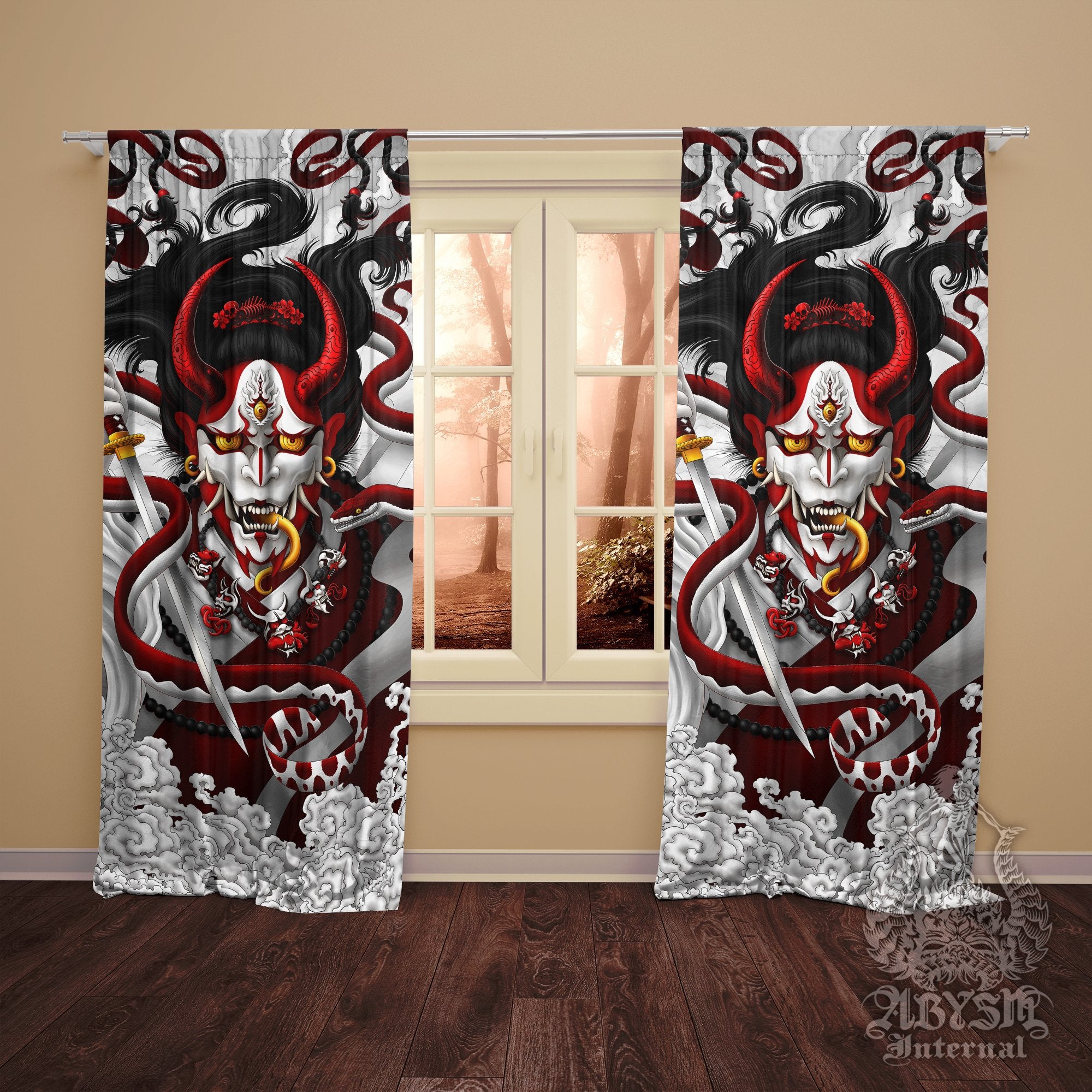 White Goth Japanese Demon Curtains, 50x84' Printed Window Panels, Hannya and Snake, Dark Fantasy Decor, Goth Anime and Game Room Art Print - Red - Abysm Internal
