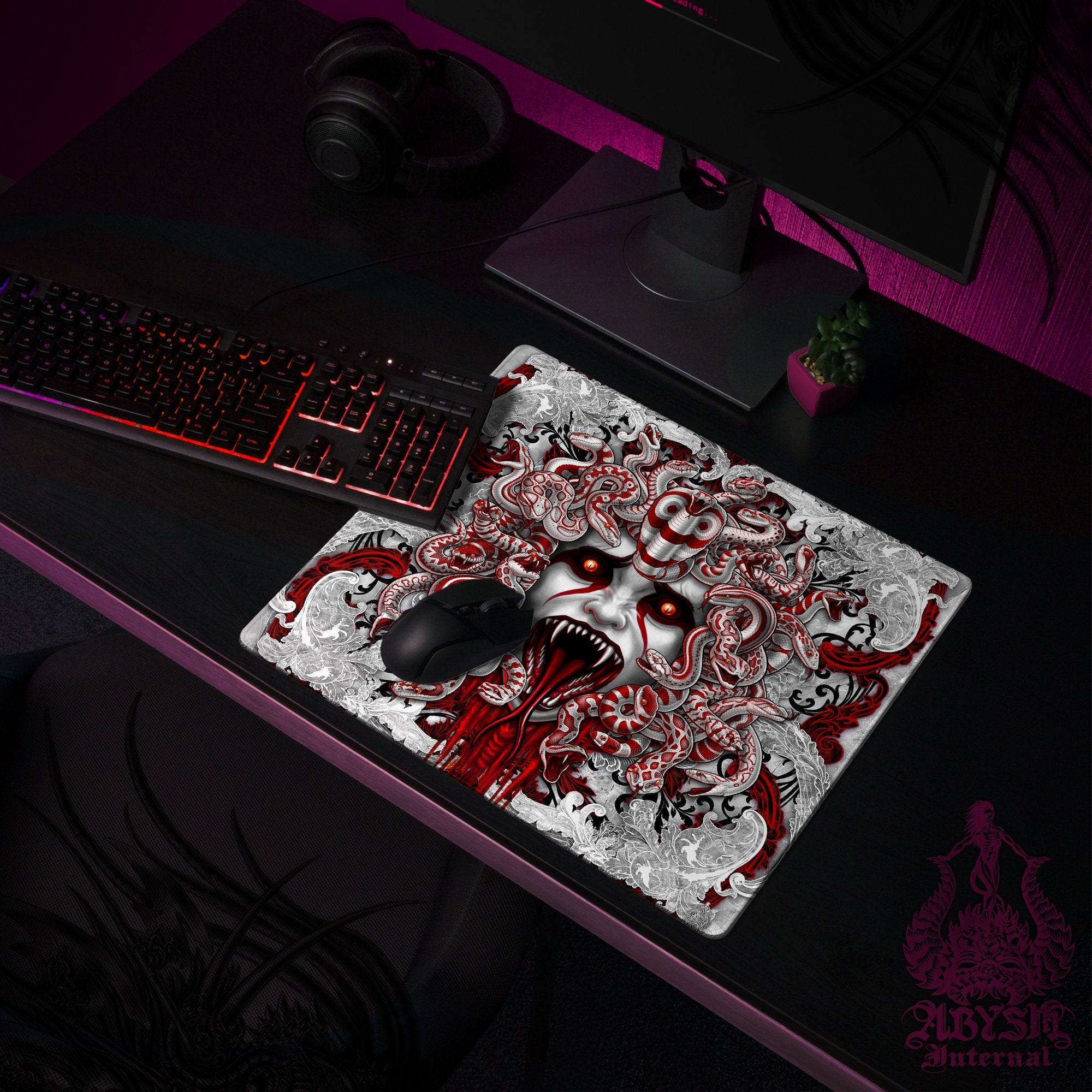 White Goth Mouse Pad, Bloody Skull Gaming Desk Mat, Medusa Workpad, Gamer Table Protector Cover, Dark Fantasy Art Print - 4 Options - Abysm Internal