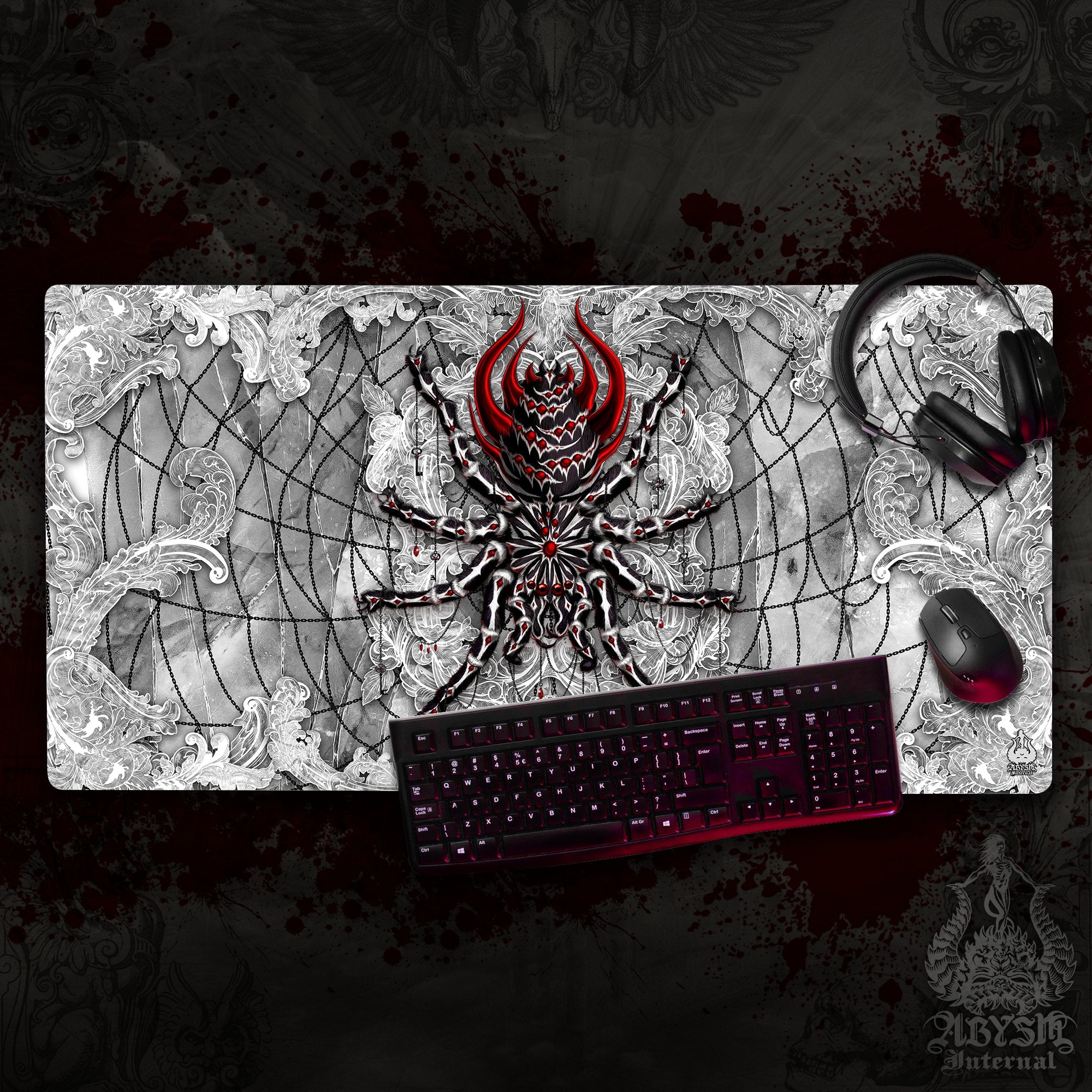 White Goth Mouse Pad, Spider Gaming Desk Mat, Tarantula Workpad, Halloween Table Protector Cover, Art Print - Stone, 3 Colors - Abysm Internal