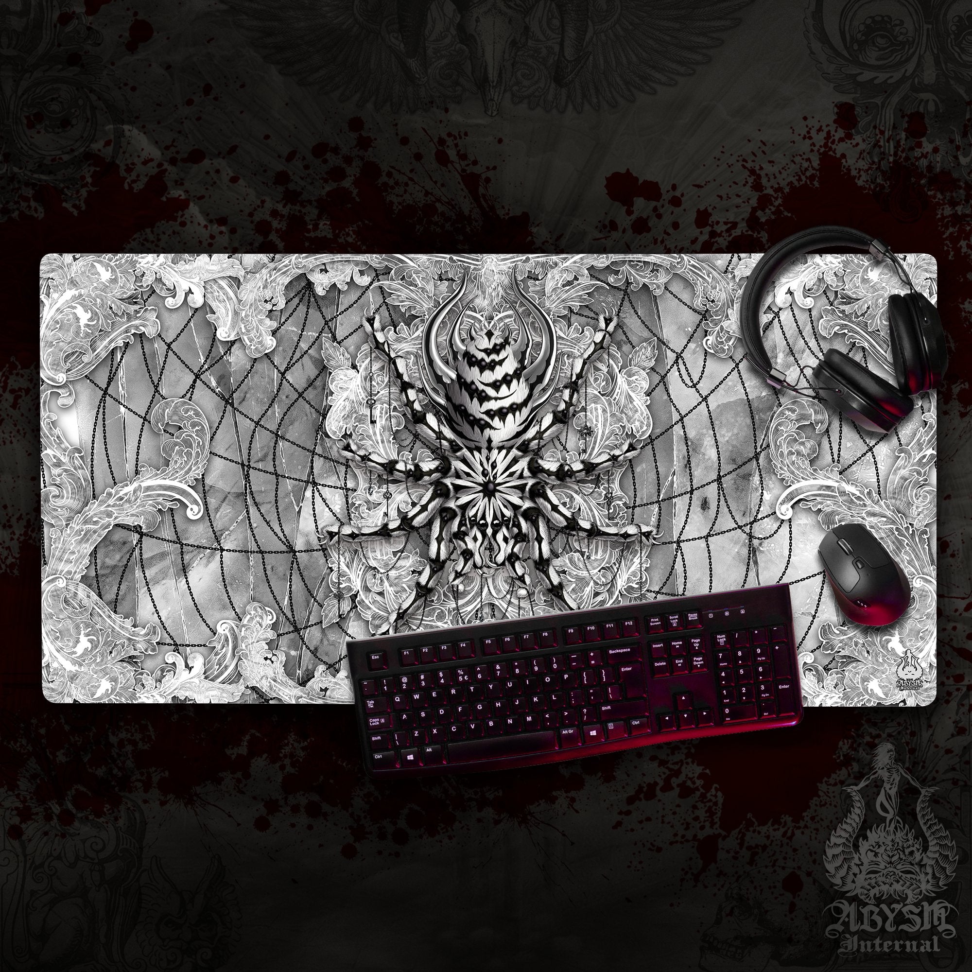 White Goth Mouse Pad, Spider Gaming Desk Mat, Tarantula Workpad, Halloween Table Protector Cover, Art Print - Stone, 3 Colors - Abysm Internal