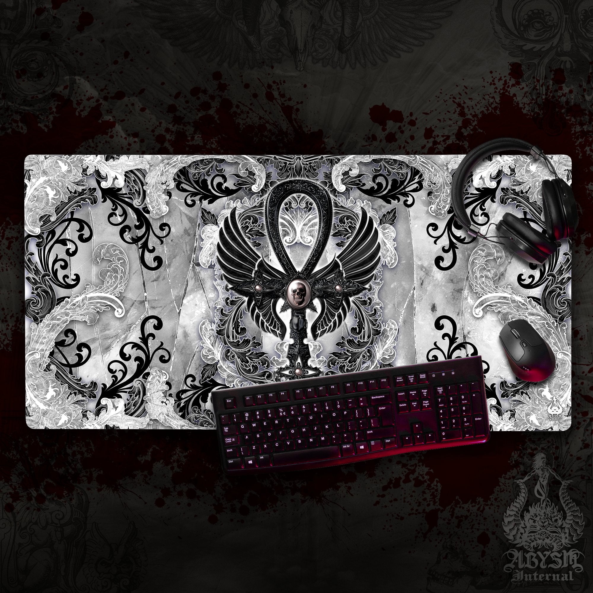 White Goth Workpad, Black Ankh Desk Mat, Gaming Mouse Pad, Cross Table Protector Cover, Skull Art Print - Abysm Internal