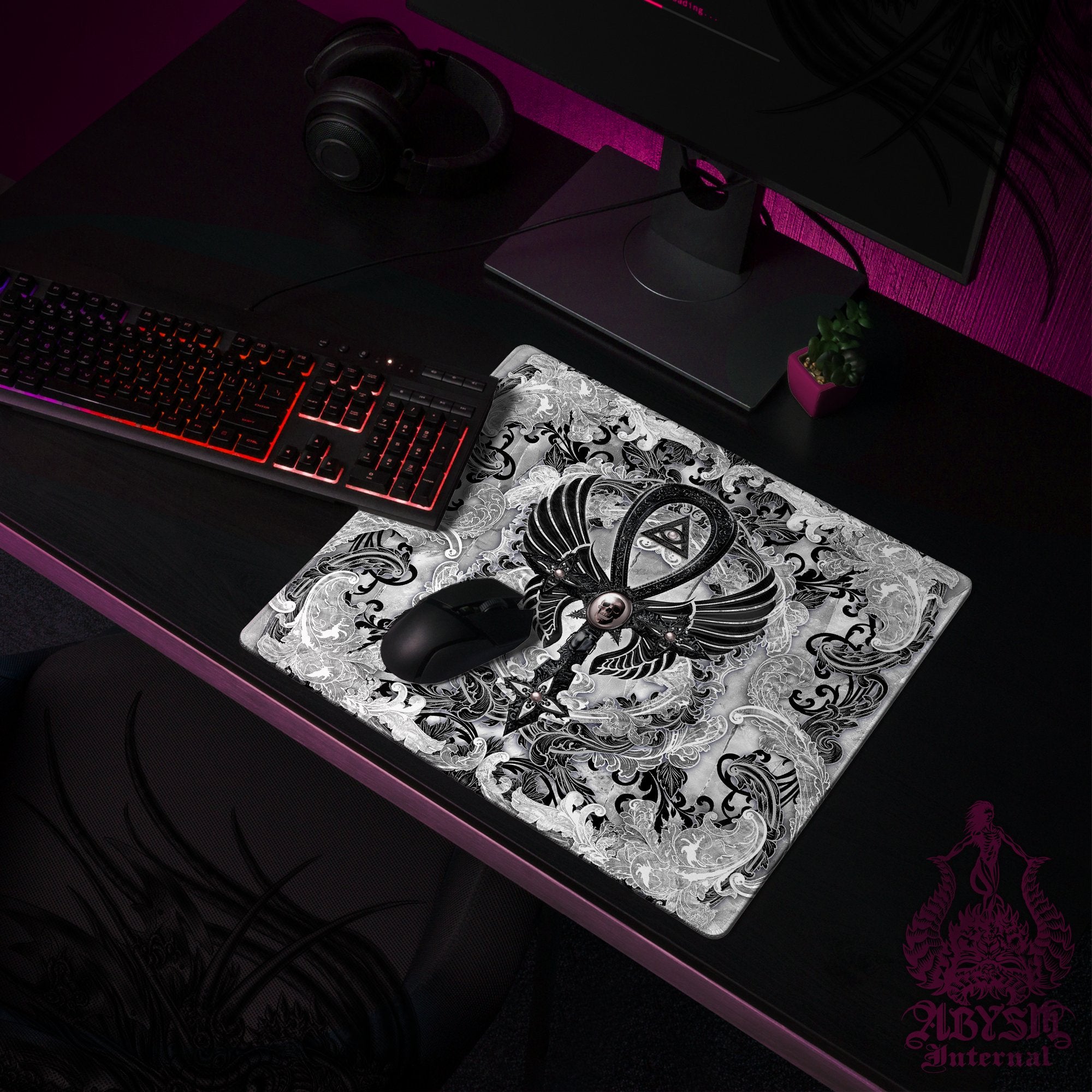 White Goth Workpad, Black Ankh Desk Mat, Gaming Mouse Pad, Cross Table Protector Cover, Skull Art Print - Abysm Internal
