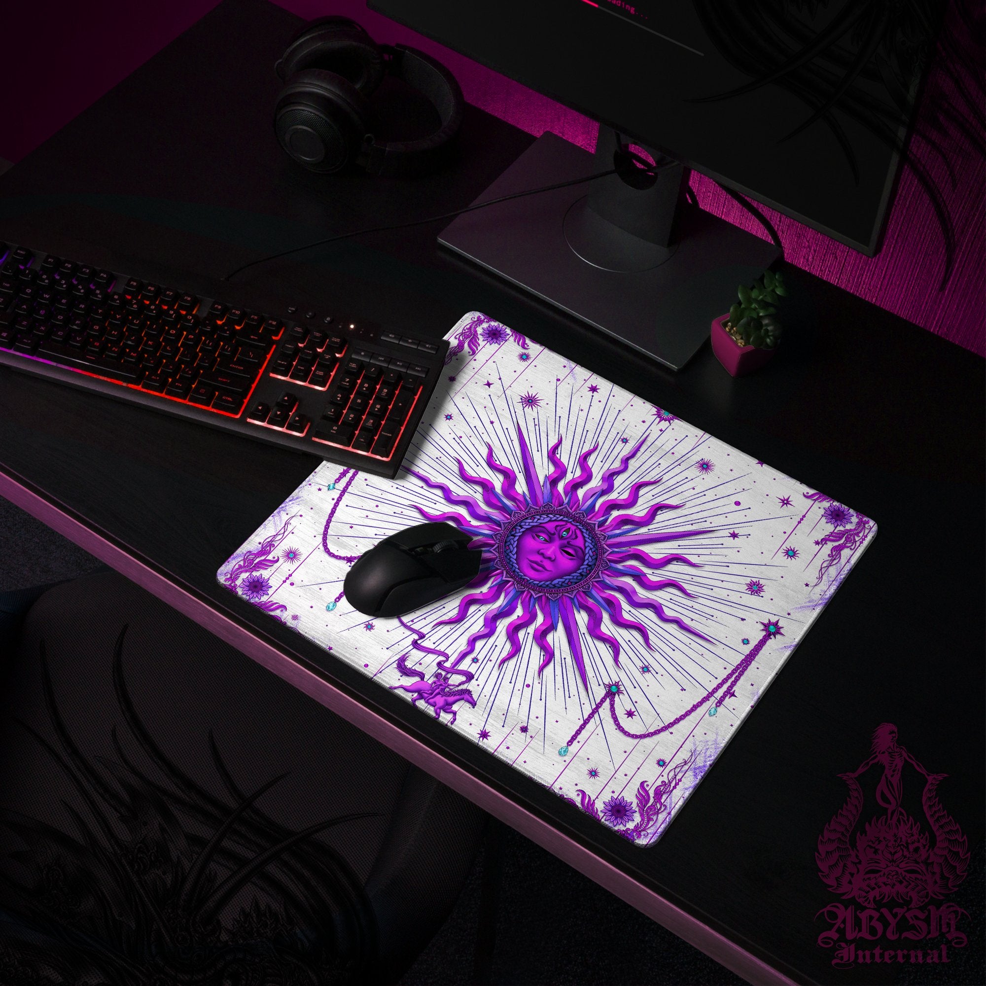 White Goth Workpad, Purple Sun Desk Mat, Tarot Arcana Gaming Mouse Pad, Witchy Table Protector Cover, Witch Room, Esoteric Art Print - Abysm Internal