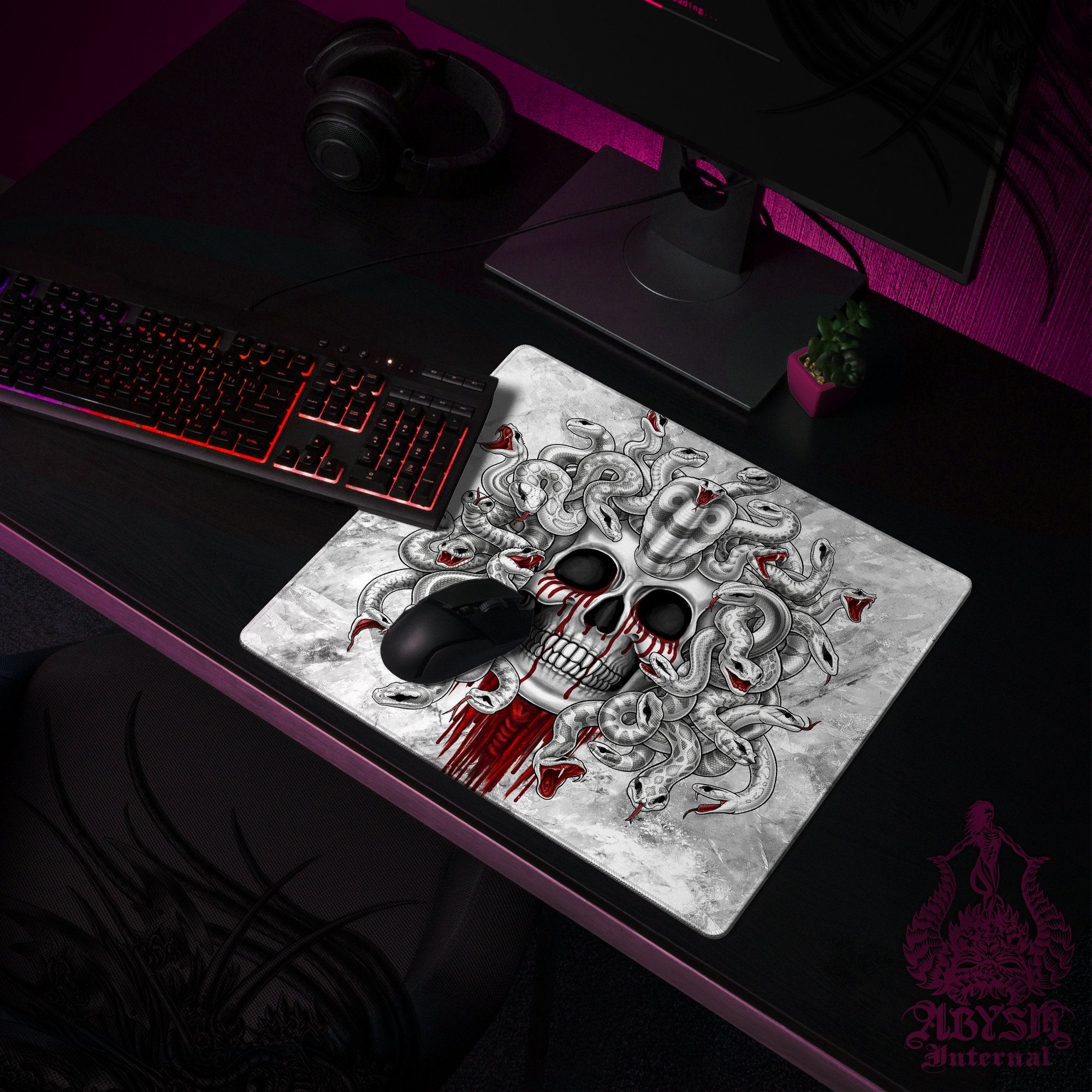 White Horror Workpad, Gamer Desk Mat, Medusa Skull Gaming Mouse Pad, Goth Table Protector Cover, Dark Fantasy Art Print - 3 Colors, 2 Faces - Abysm Internal