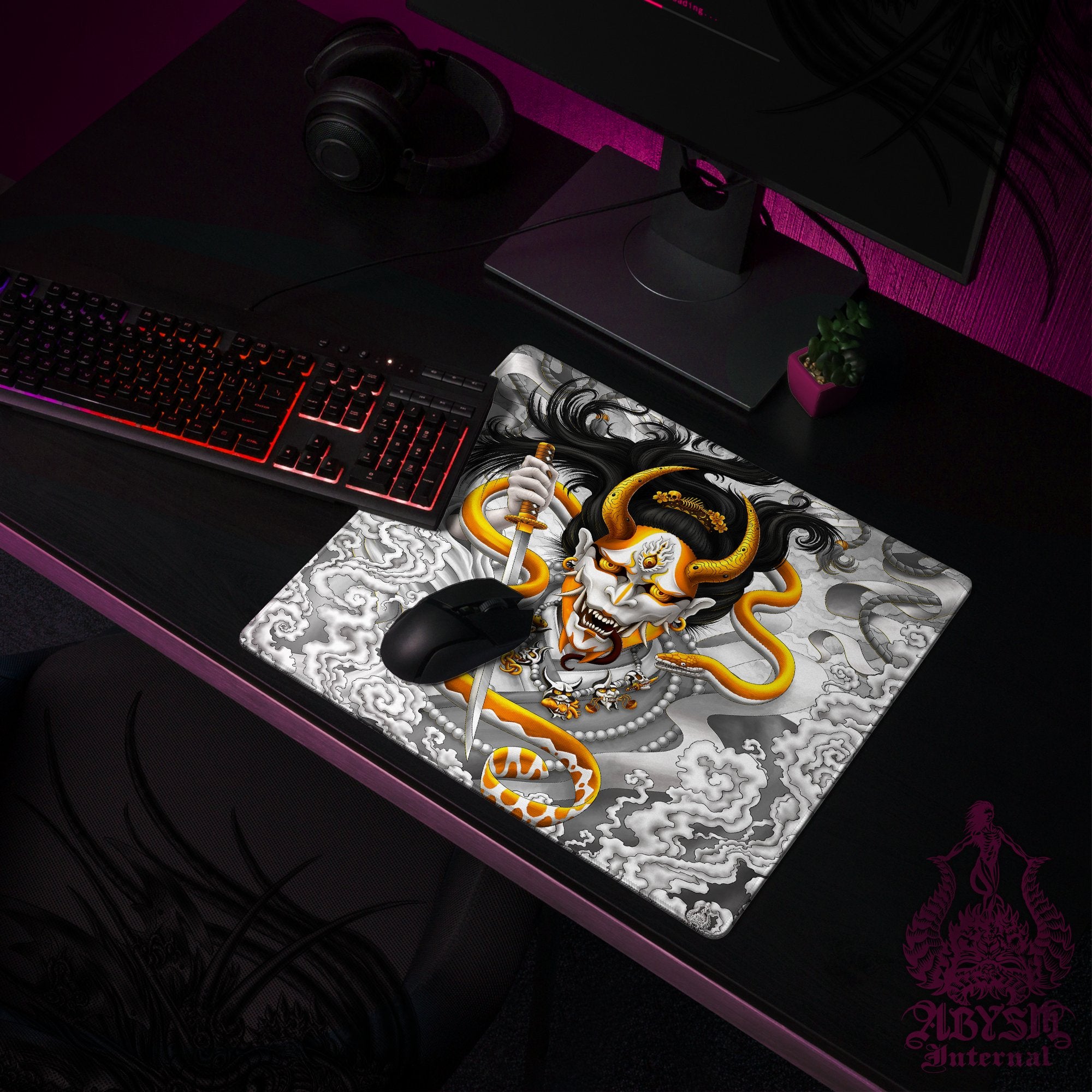 White Japanese Demon Desk Mat, Hannya Gaming Mouse Pad, Youkai Table Protector Cover, Gold Workpad, Fantasy Anime and Manga Art Print - Snake - Abysm Internal