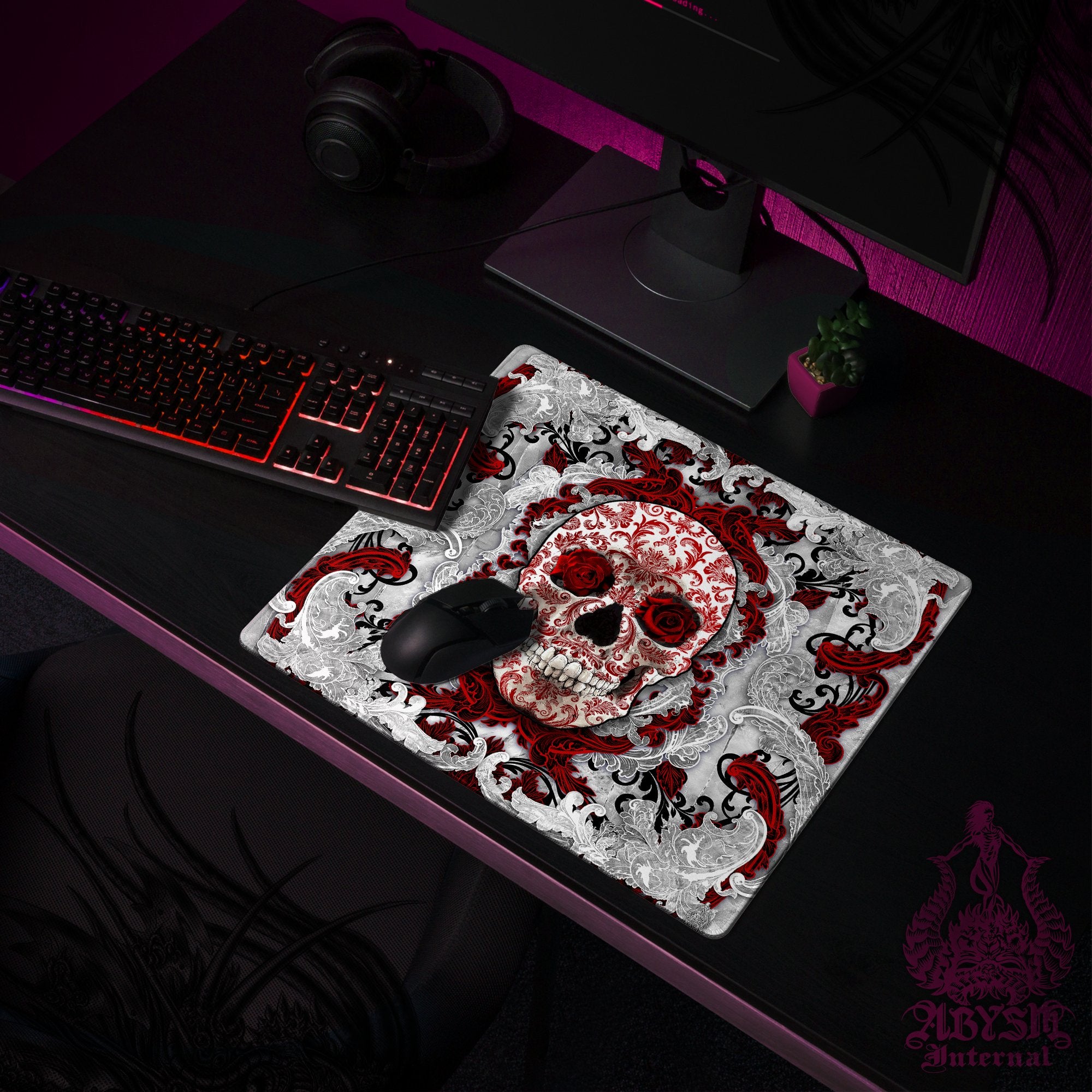 White Mouse Pad, Goth Gaming Desk Mat, Skull Workpad, Bloody Table Protector Cover, Art Print - Abysm Internal