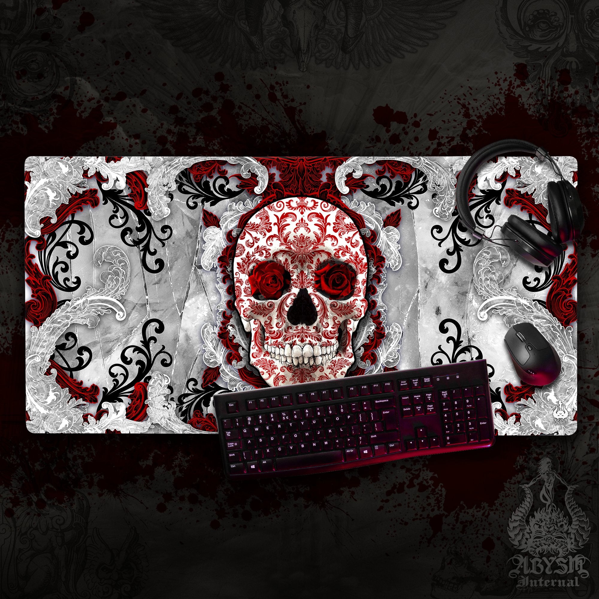 White Mouse Pad, Goth Gaming Desk Mat, Skull Workpad, Bloody Table Protector Cover, Art Print - Abysm Internal