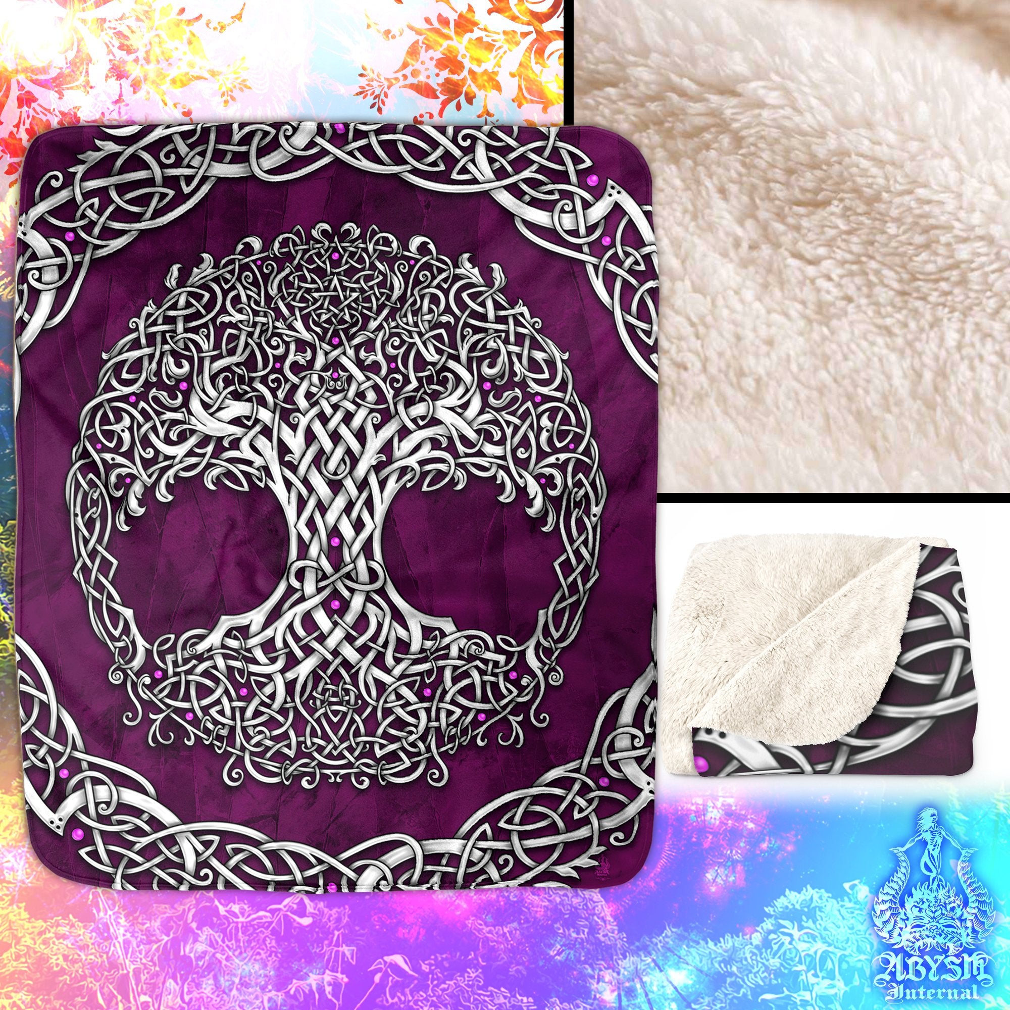 White Tree of Life Sherpa Fleece Throw Blanket, Pagan Decor, Celtic Knot, Witch Room, Wicca - Black, Purple and Green, 3 Colors - Abysm Internal