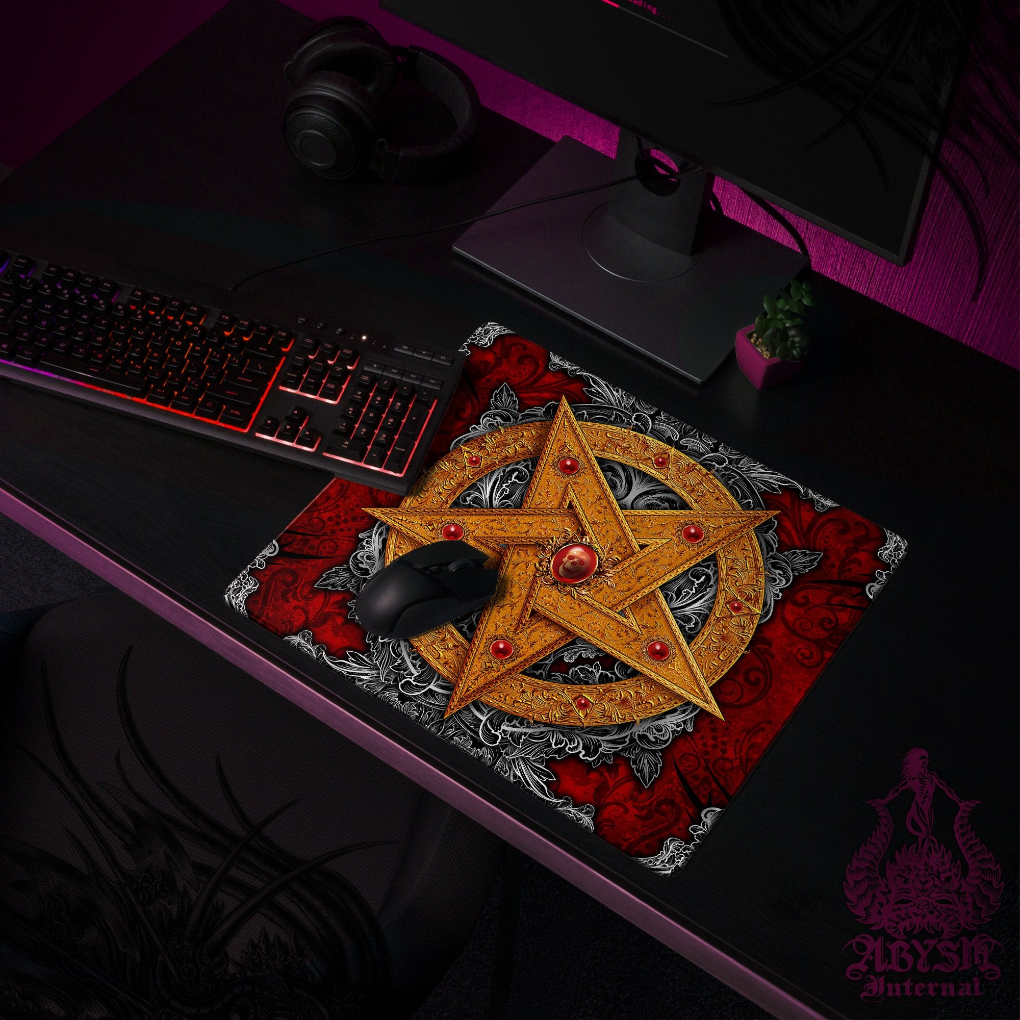 Witch Mouse Pad, Gold Pentagram Gaming Desk Mat, Witch Workpad, Goth Table Protector Cover, Satanic Art Print - 4 Options - Abysm Internal