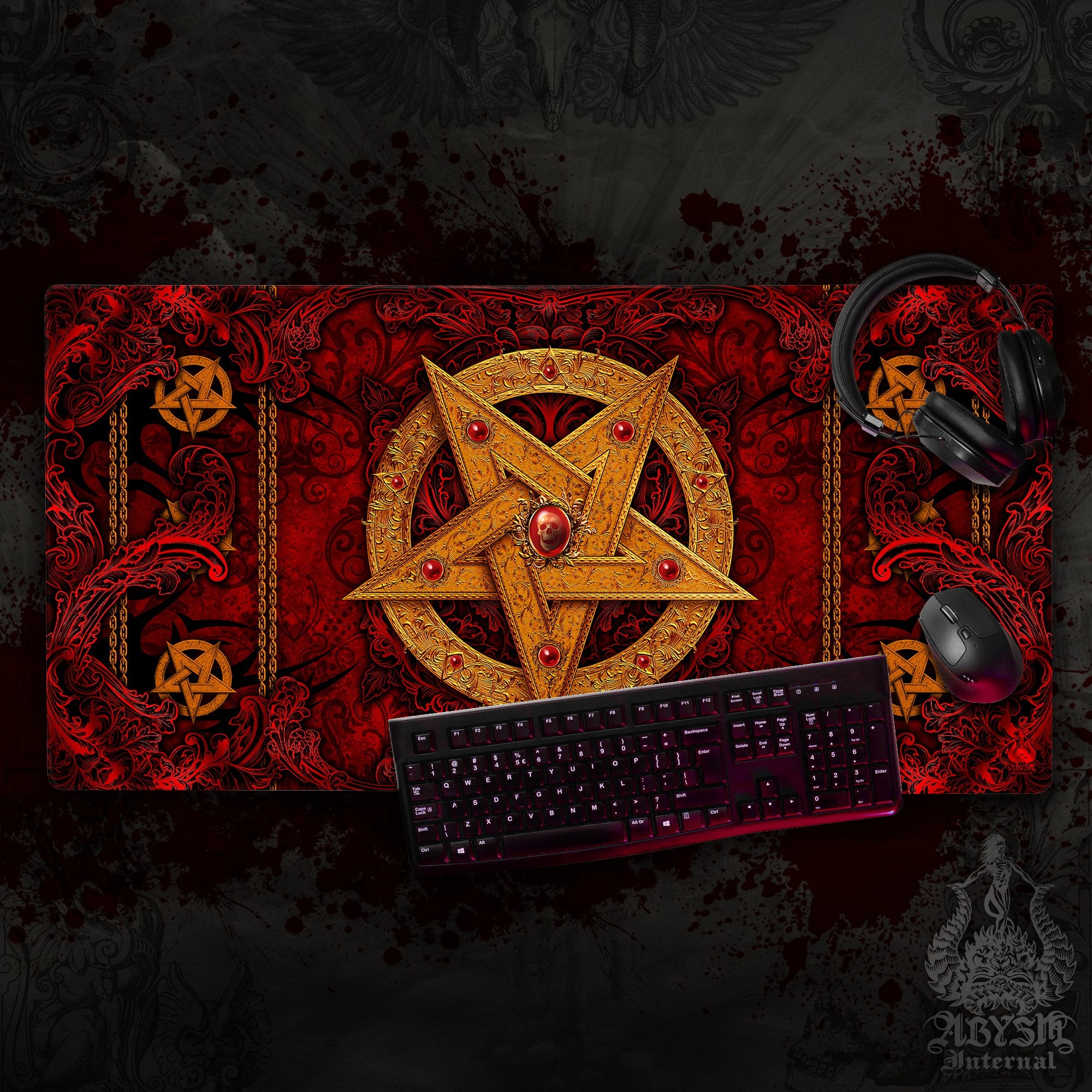 Witch Mouse Pad, Gold Pentagram Gaming Desk Mat, Witch Workpad, Goth Table Protector Cover, Satanic Art Print - 4 Options - Abysm Internal