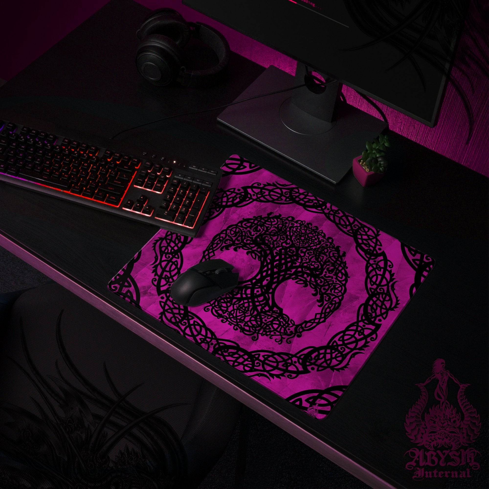 Witchy Gaming Mouse Pad, Tree of Life Desk Mat, Wicca Table Protector Cover, Celtic Knotwork Workpad, Whimsigoth Art Print - Pastel Goth, Pink and Purple Black, 2 Colors - Abysm Internal