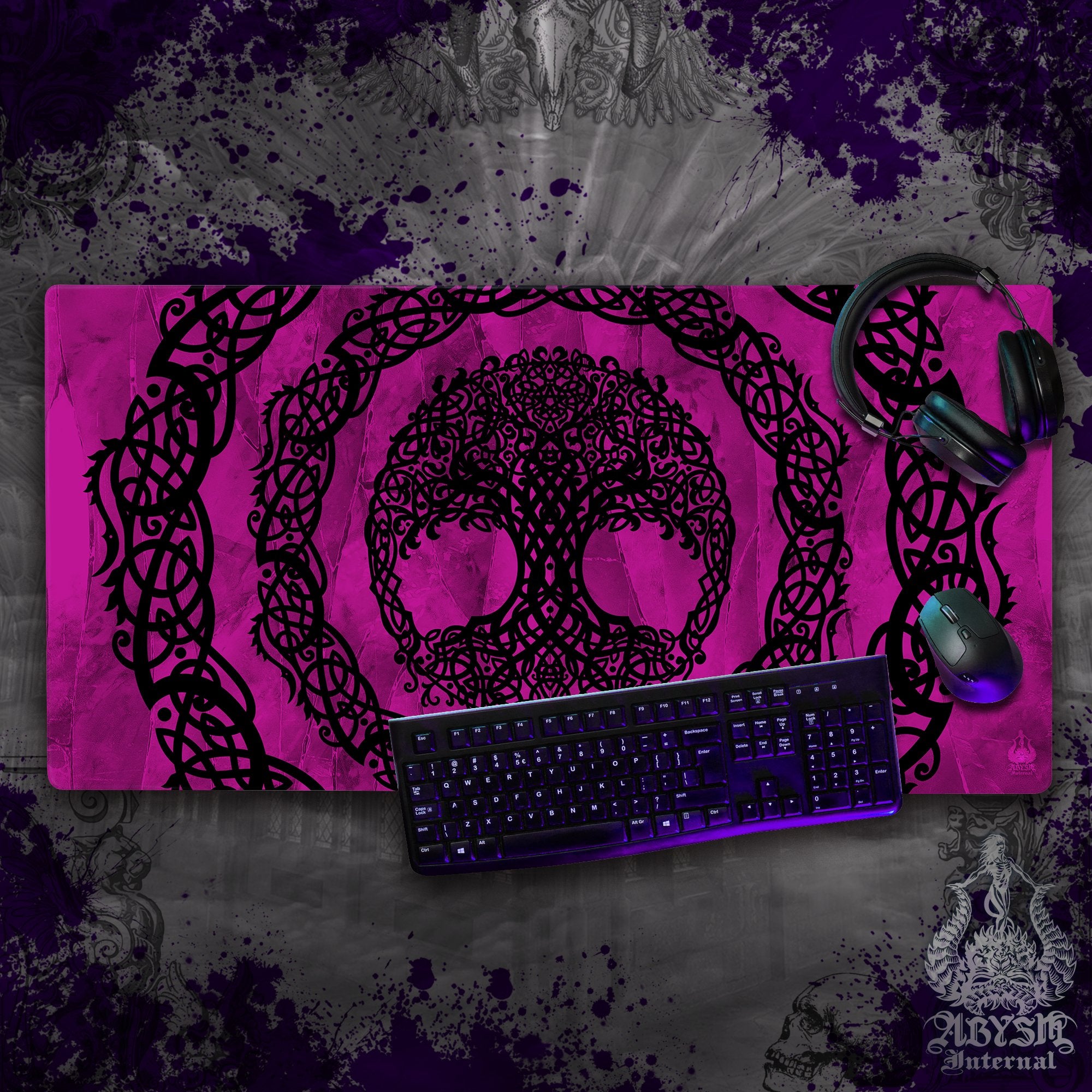 Witchy Gaming Mouse Pad, Tree of Life Desk Mat, Wicca Table Protector Cover, Celtic Knotwork Workpad, Whimsigoth Art Print - Pastel Goth, Pink and Purple Black, 2 Colors - Abysm Internal