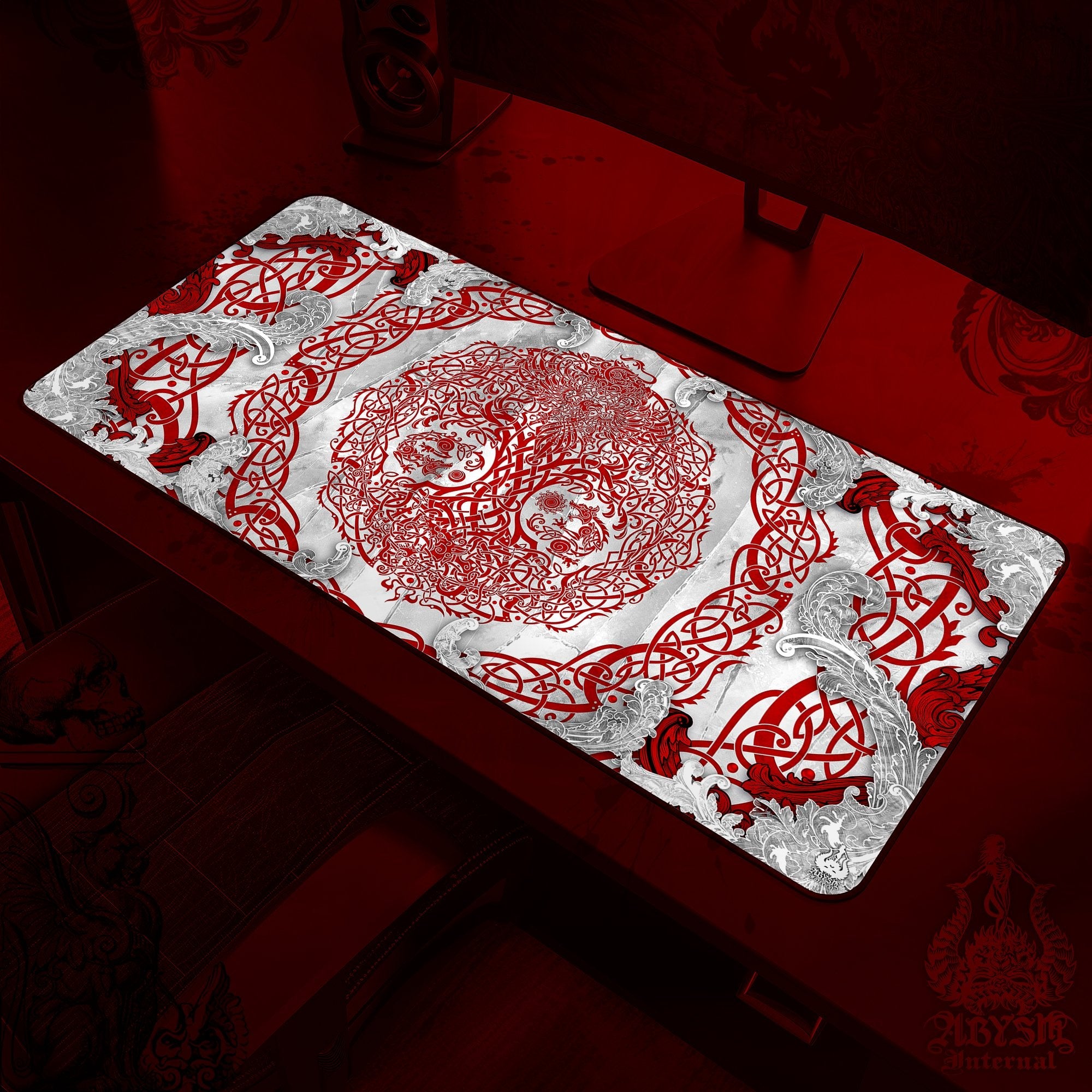 Yggdrasil Desk Mat, Nordic Tree of Life Gaming Mouse Pad, Norse Table Protector Cover, Knotwork Workpad, Viking Art Print - Bloody White Goth - Abysm Internal