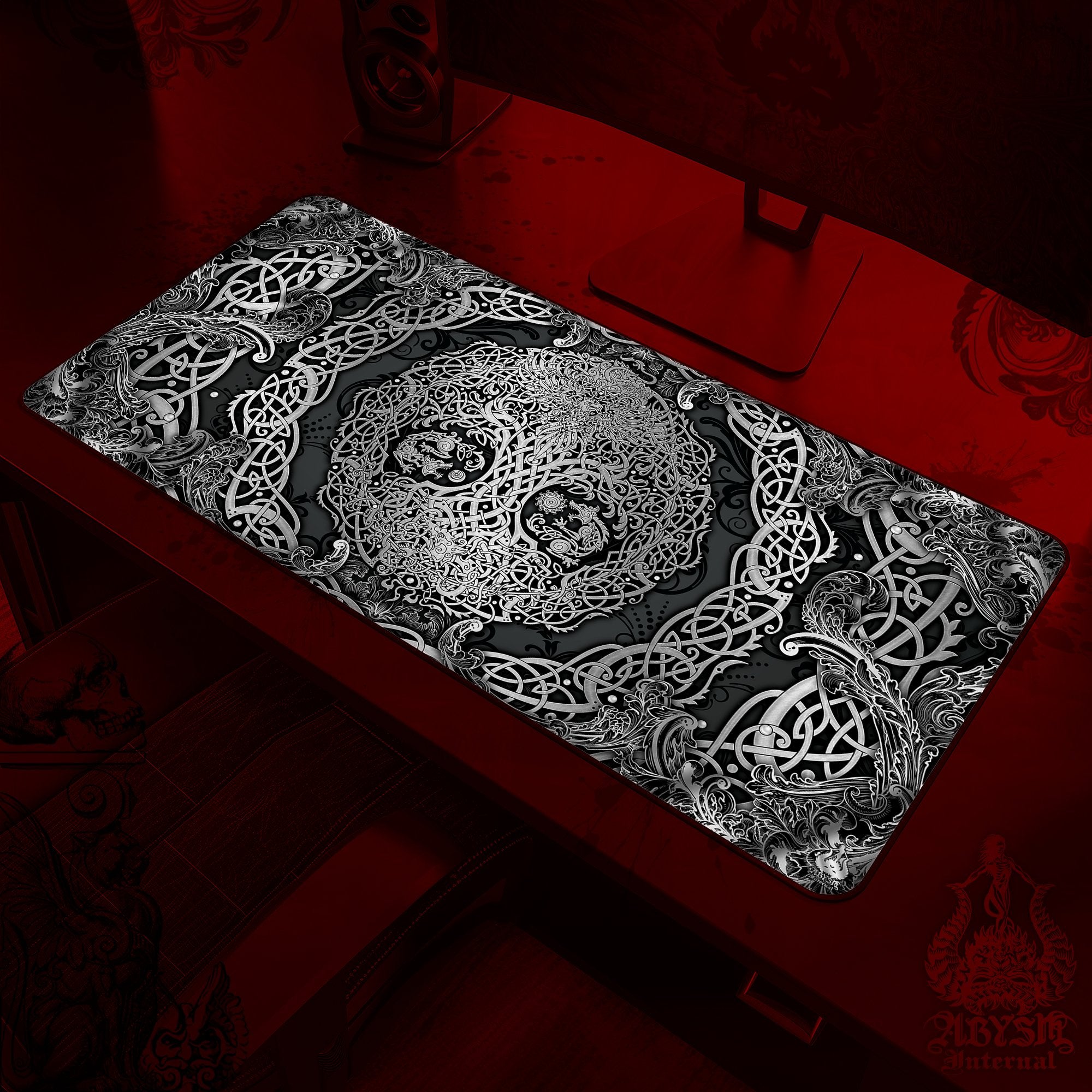 Yggdrasil Gaming Desk Mat, Nordic Tree of Life Mouse Pad, Norse Table Protector Cover, Knotwork Workpad, Viking Art Print - Dark - Abysm Internal