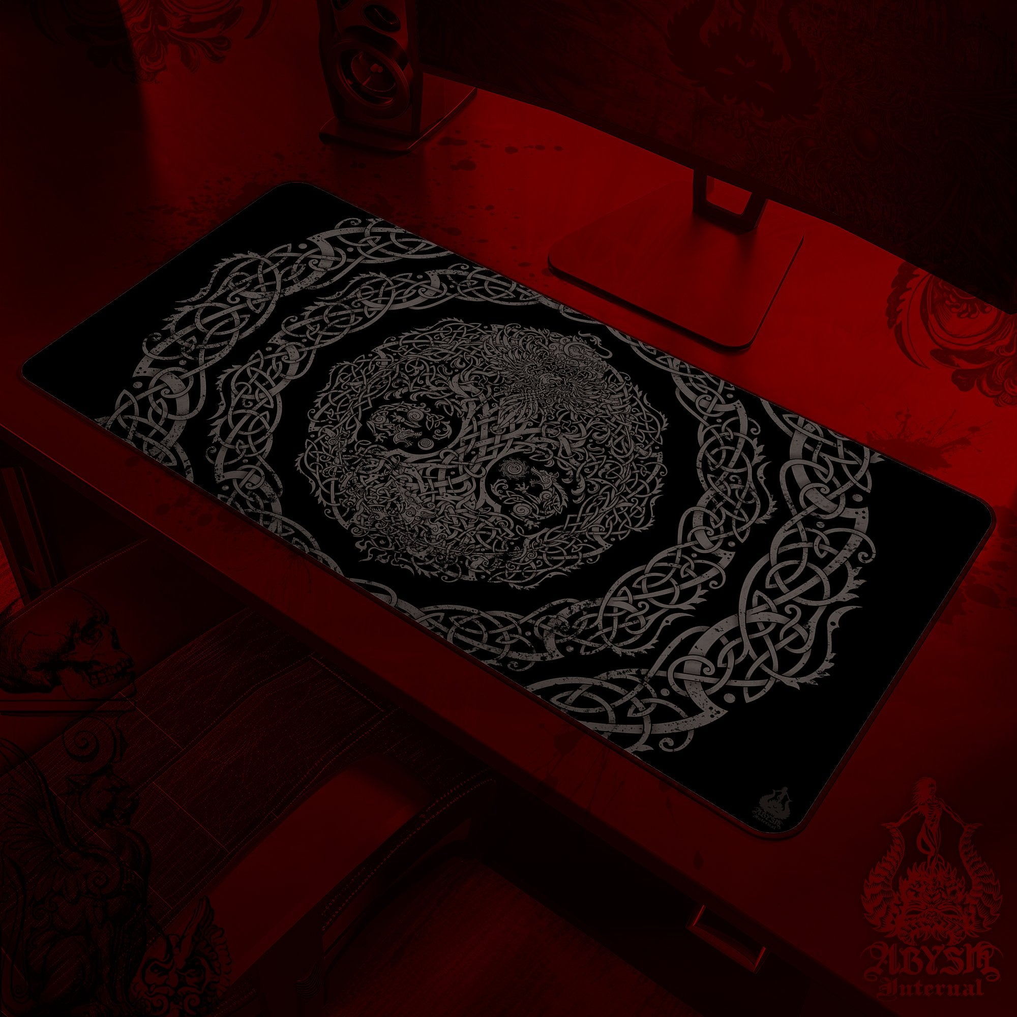Yggdrasil Gaming Mouse Pad, Nordic Tree of Life Desk Mat, Norse Table Protector Cover, Knotwork Workpad, Viking Art Print - Black Grey Grit - Abysm Internal