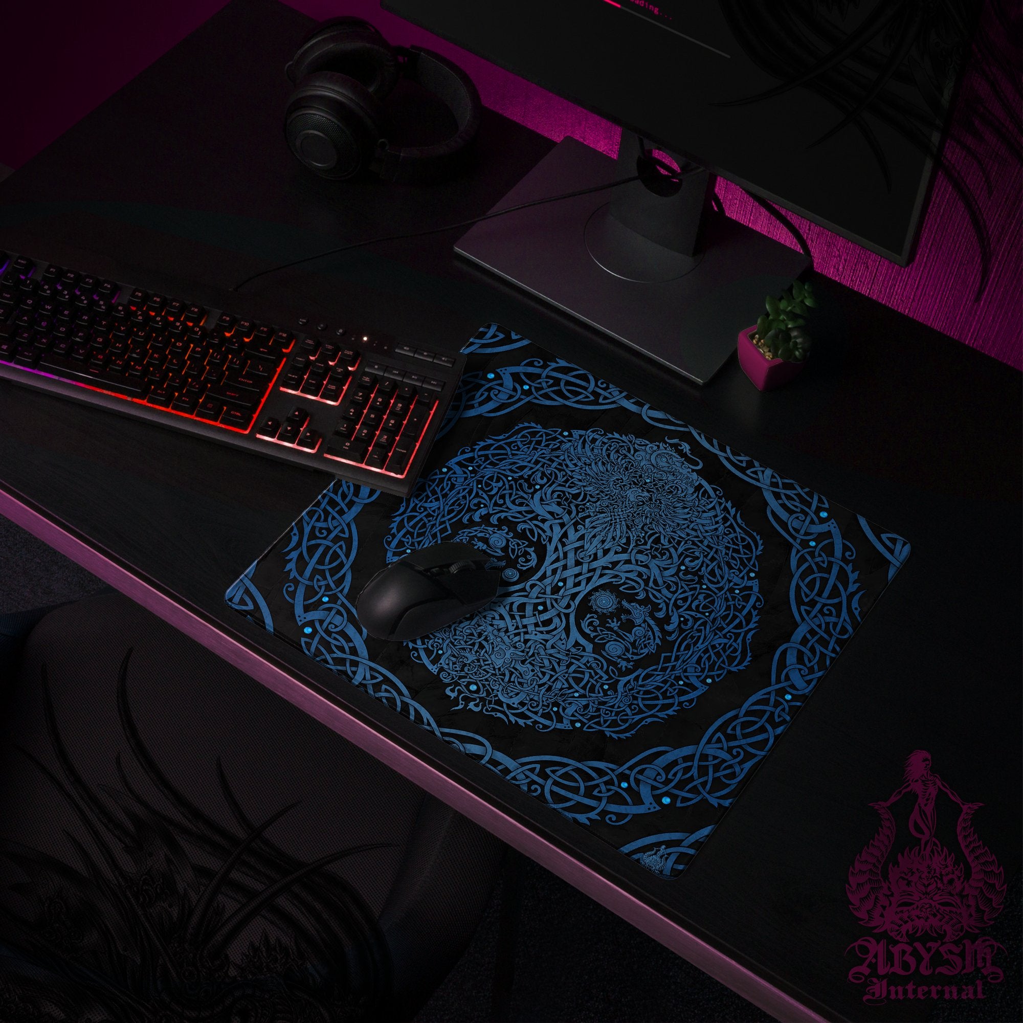 Yggdrasil Gaming Mouse Pad, Viking Desk Mat, Norse Tree of Life Table Protector Cover, Knotwork Workpad, Nordic Art Print - Blue, Black, Ice, Pastel Goth, 3 Colors - Abysm Internal