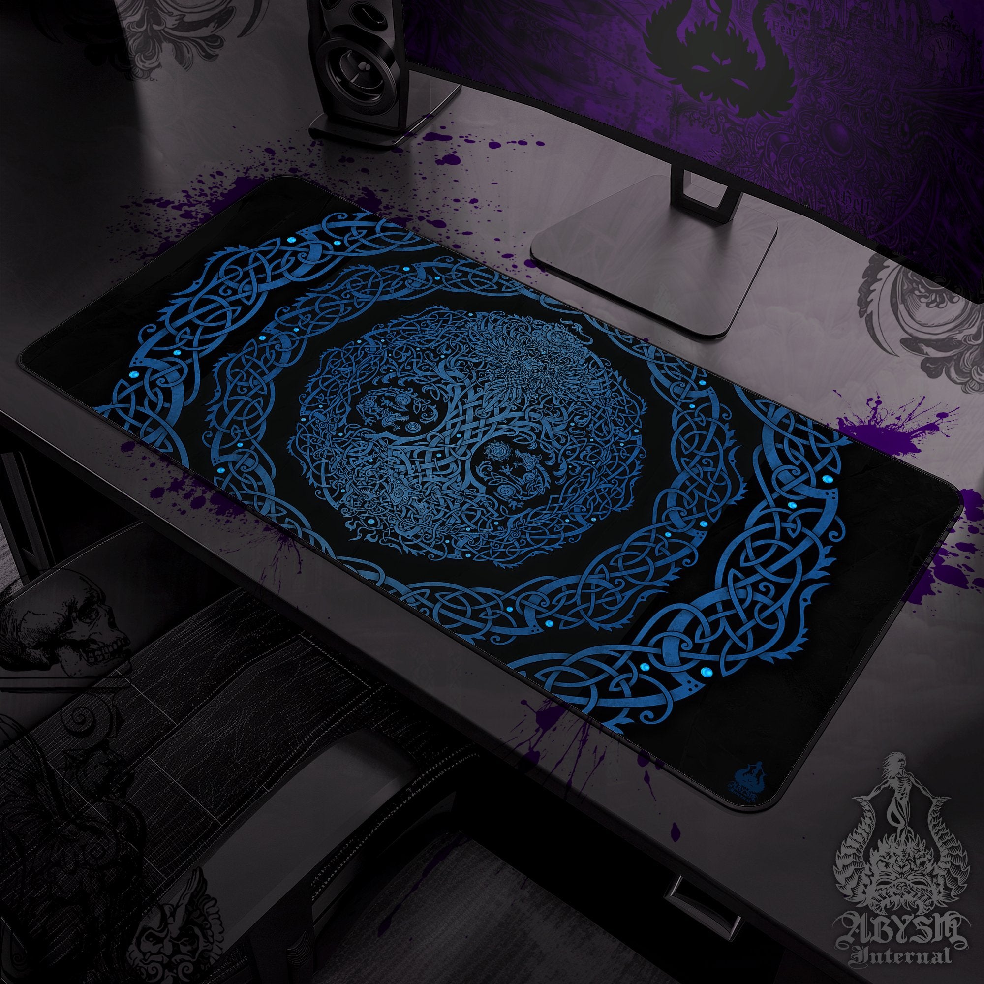 Yggdrasil Gaming Mouse Pad, Viking Desk Mat, Norse Tree of Life Table Protector Cover, Knotwork Workpad, Nordic Art Print - Blue, Black, Ice, Pastel Goth, 3 Colors - Abysm Internal