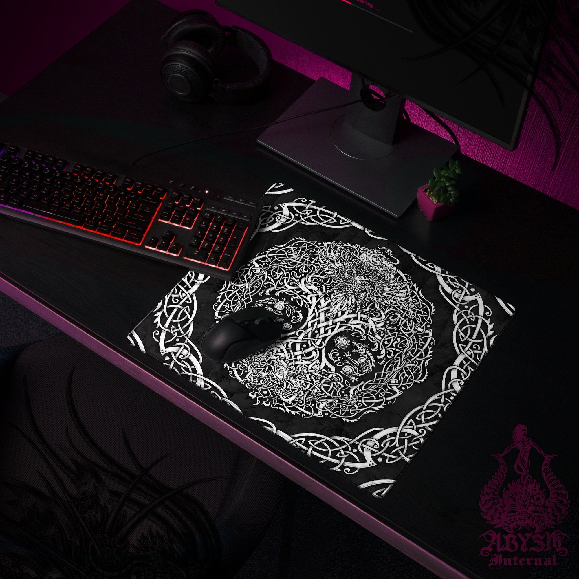 Yggdrasil Mouse Pad, Viking Gaming Desk Mat, Norse Tree of Life Workpad, Knotwork Table Protector Cover, Nordic Art Print - 3 Colors - Abysm Internal