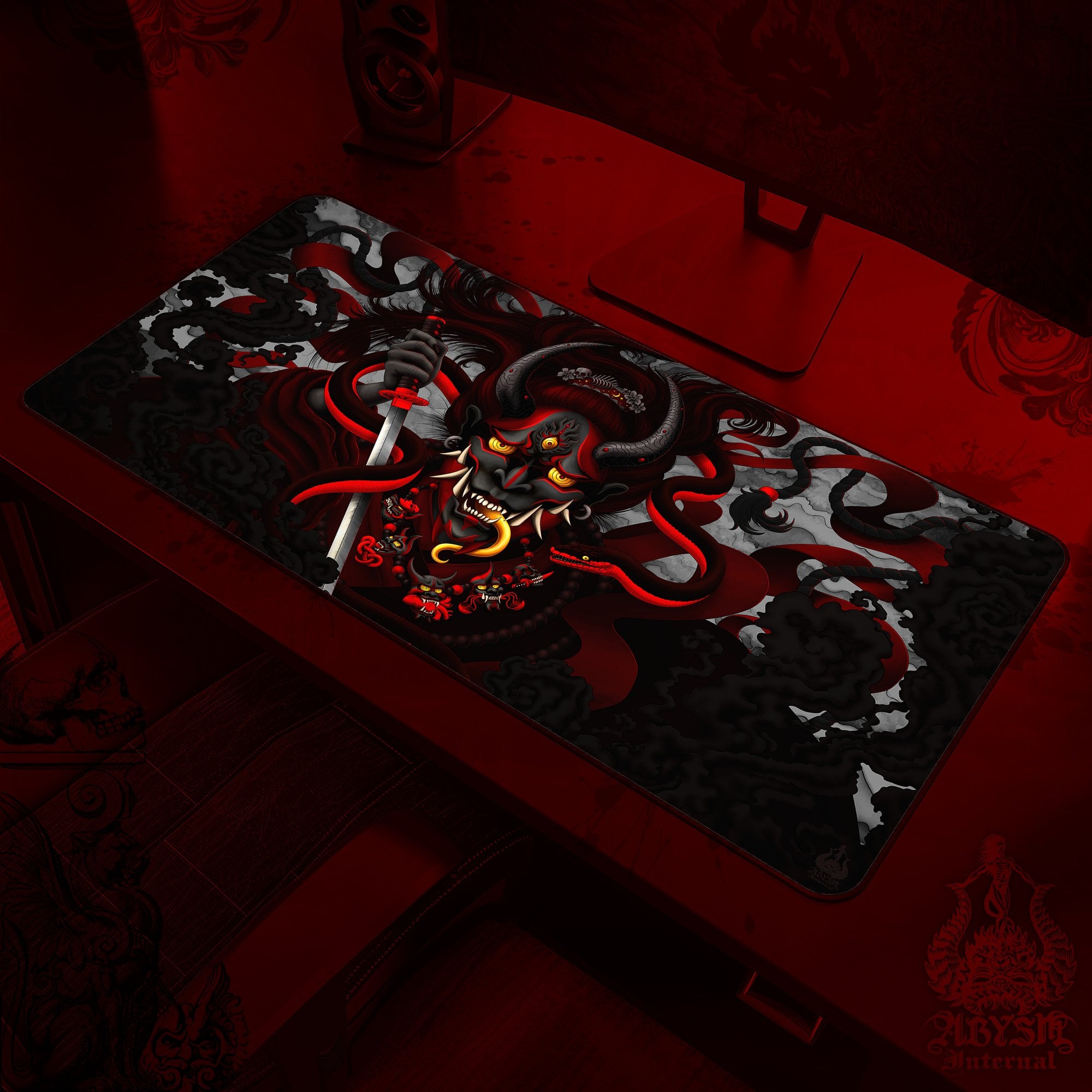 Youkai Gaming Mouse Pad, Japanese Demon Desk Mat, Hannya Table Protector Cover, Gothic Workpad, Fantasy Anime and Manga Art Print - Black Red Snake - Abysm Internal