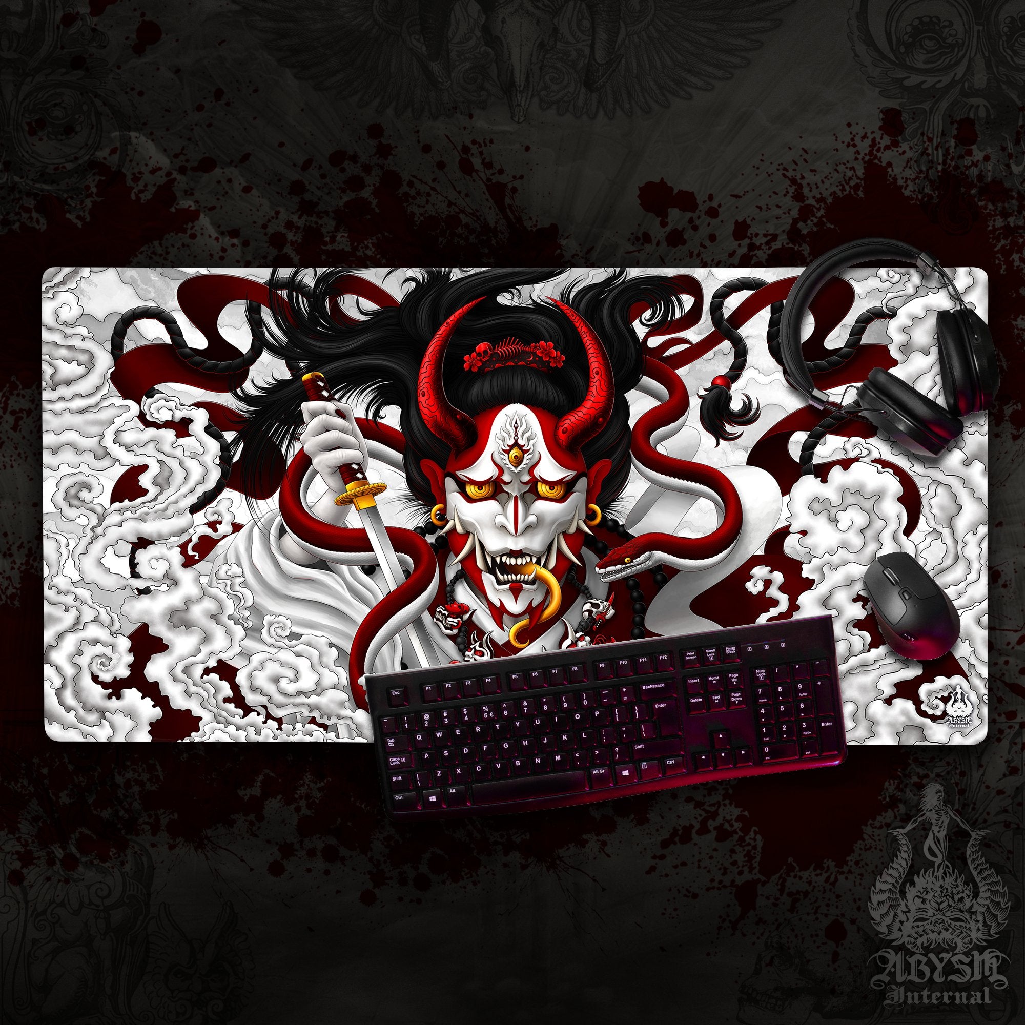 Youkai Mouse Pad, Japanese Demon Gaming Desk Mat, Hannya Workpad, White Goth Red Table Protector Cover, Fantasy Anime and Manga Art Print - Snake - Abysm Internal