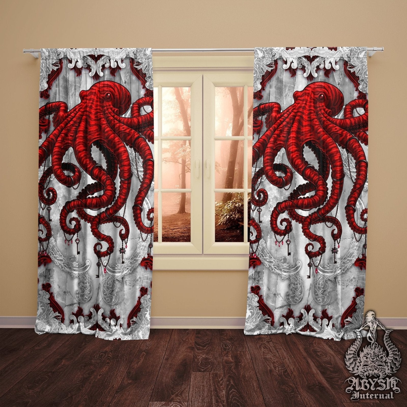 Handmade Skeleton Octopus Windows Curtains, Psychedelic Geometric Pattern Curtains, Boho Red Hippie Graffiti Window selling Drape