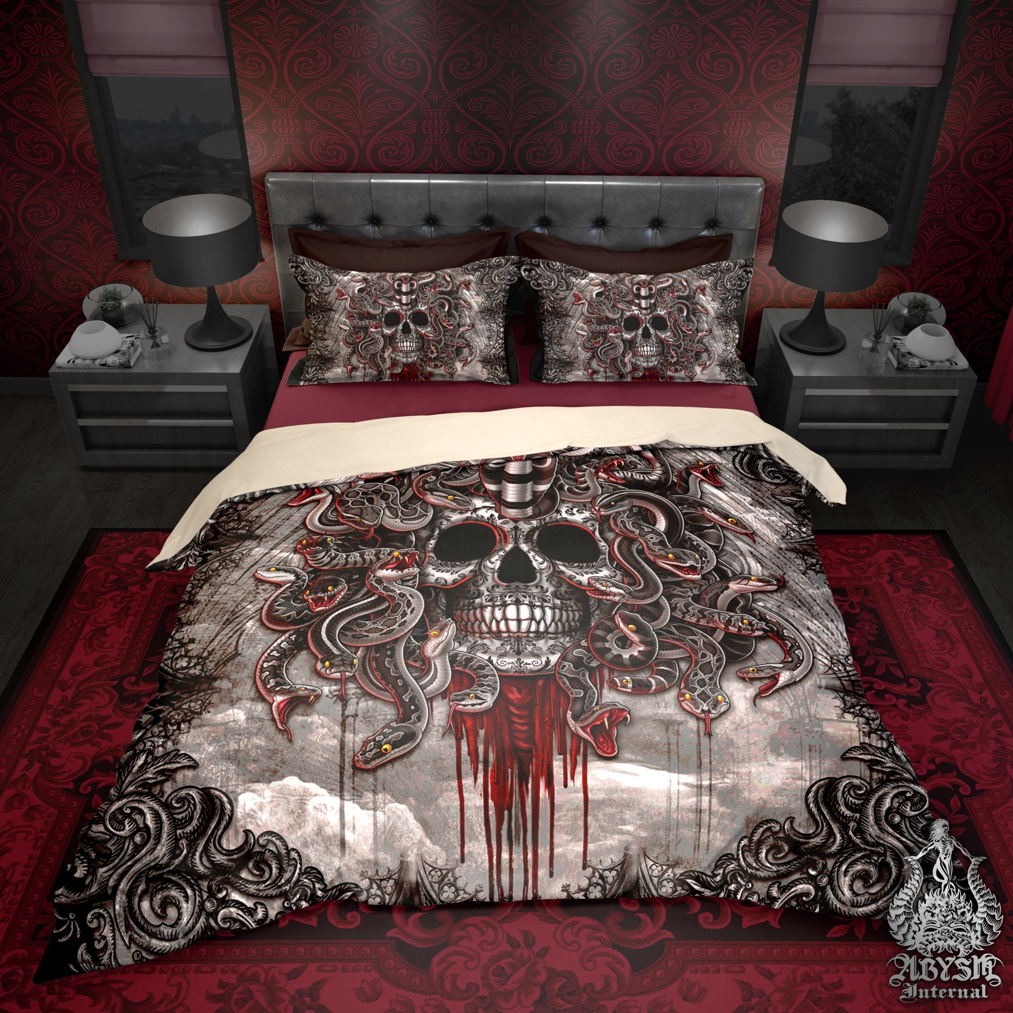 Gothic Bed Cover, Duvet or Comforter, Horror Medusa, Goth Bedding Set, Skull Bedroom Decor, King, Queen & Twin Size - 4 Faces, Grey - Abysm Internal
