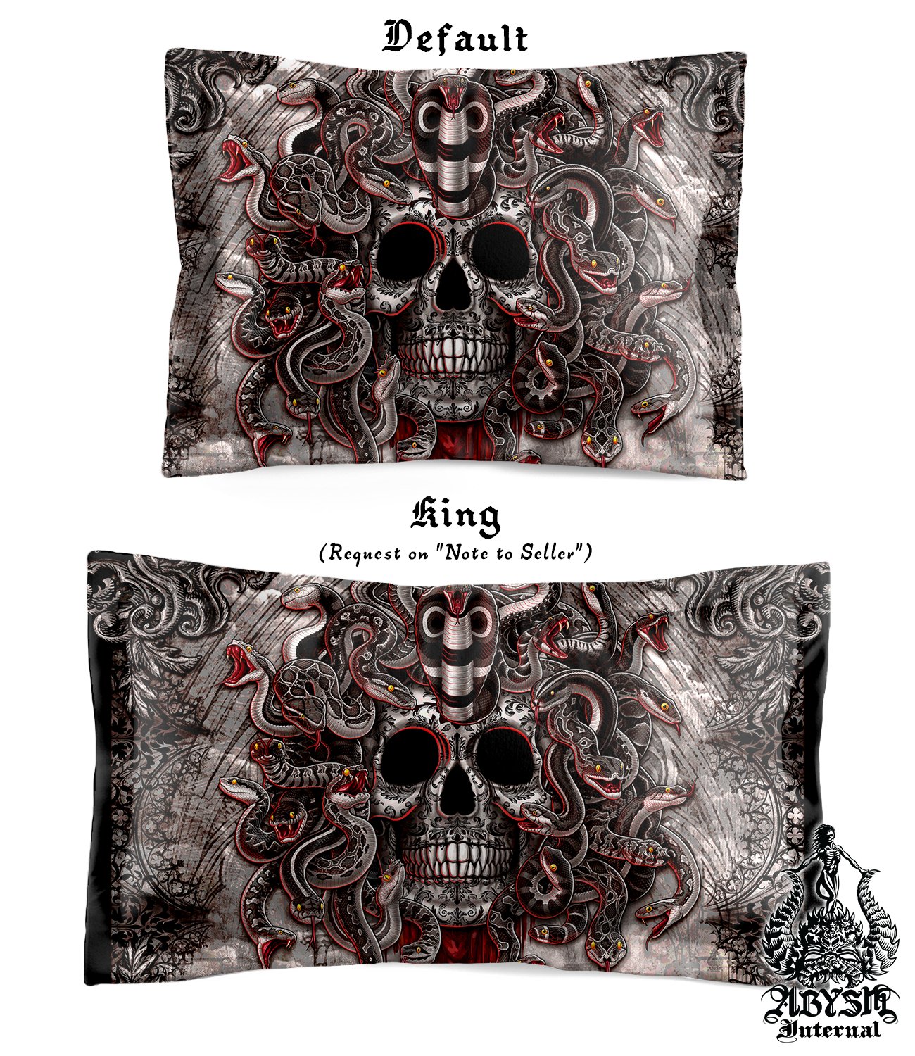 Gothic Bed Cover, Duvet or Comforter, Horror Medusa, Goth Bedding Set, Skull Bedroom Decor, King, Queen & Twin Size - 4 Faces, Grey - Abysm Internal