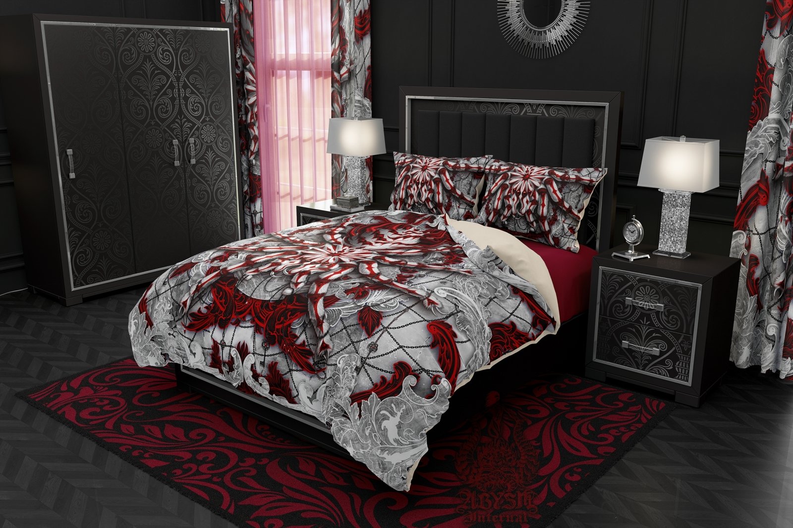 Gothic Spider Bedding Set, Comforter and Duvet, Bed Cover and Bedroom Decor, King, Queen and Twin Size - Tarantula Bloody White Goth - Abysm Internal